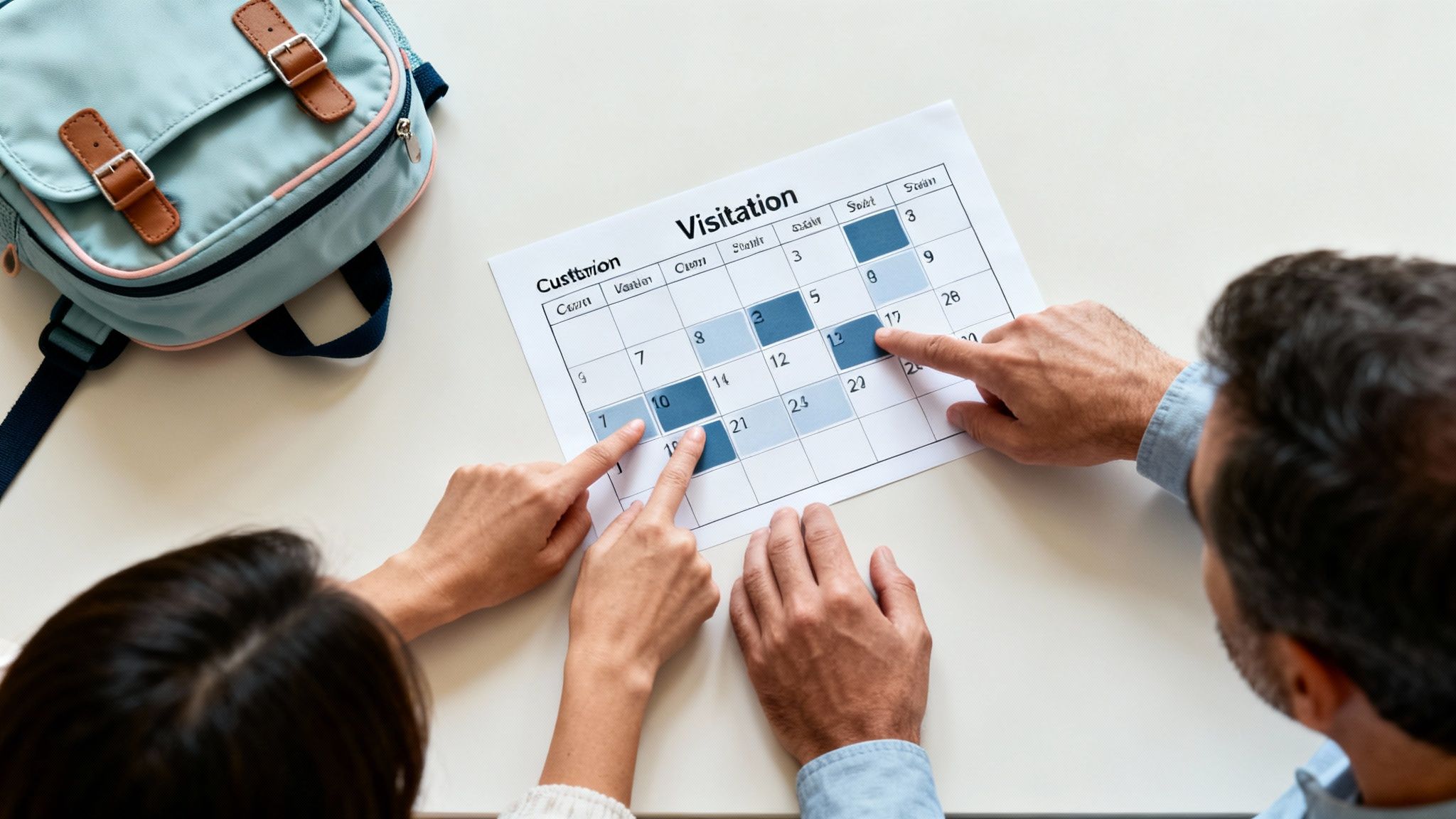 Parents discussing a child visitation schedule on a calendar, with a child's backpack in view.