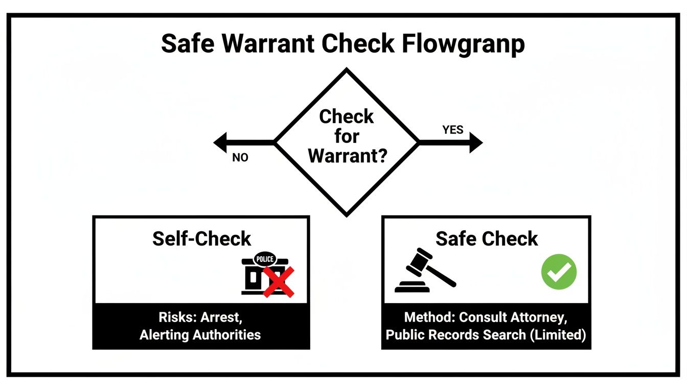 Flowchart illustrating safe and risky ways to check for active warrants, emphasizing legal consultation.