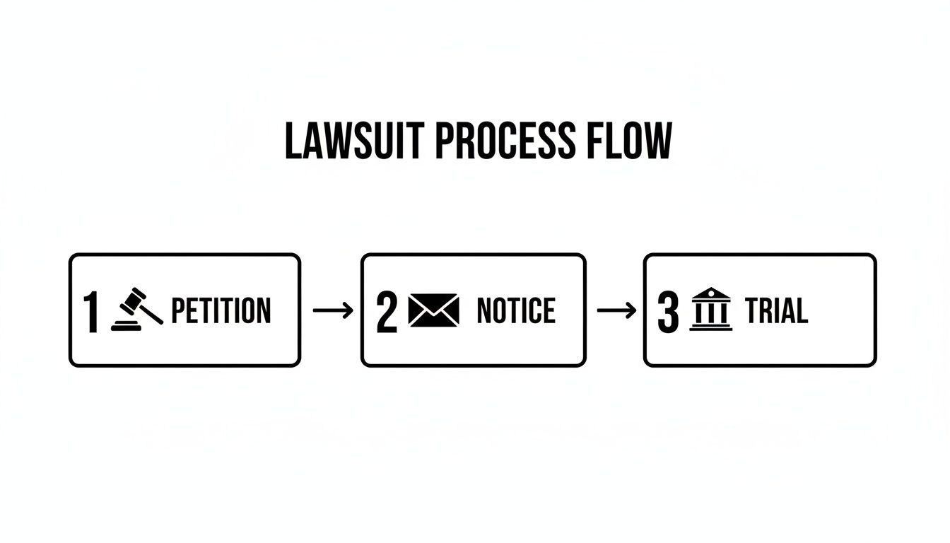 Diagram illustrating the lawsuit process flow, showing petition, notice, and trial steps.