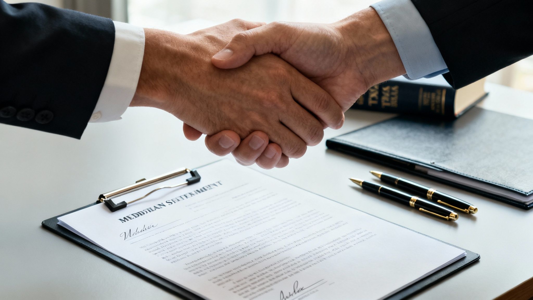 Two professional men in suits shaking hands over a legal document, symbolizing agreement or settlement.
