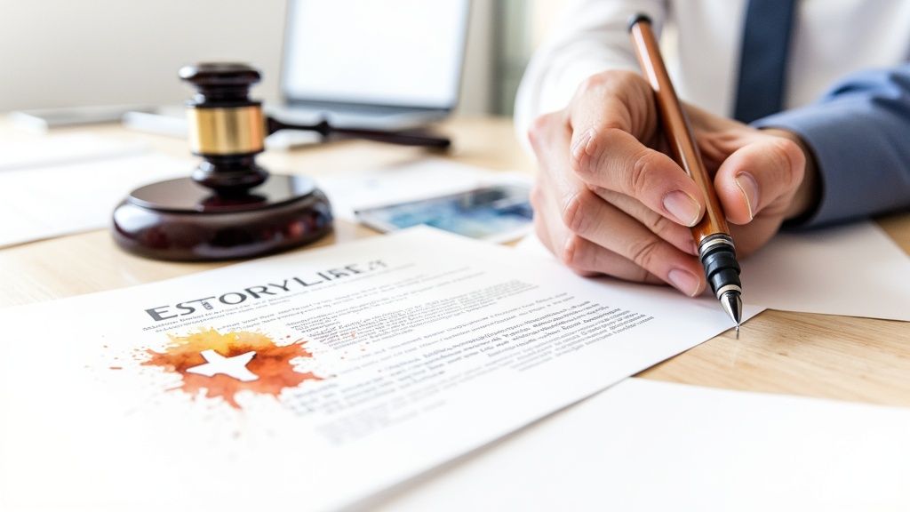 Person signing a legal document with a fountain pen, gavel in background, representing the process of establishing a Power of Attorney in Texas.