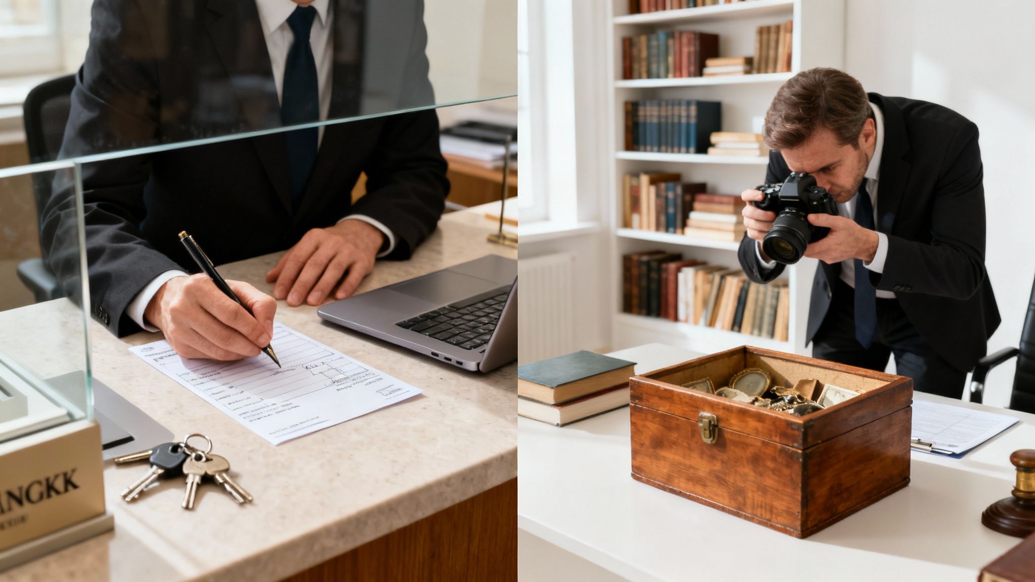 Man in a suit signing a document at a desk with keys, and another man photographing a wooden box filled with valuables in a library setting, illustrating estate management and appraisal processes.