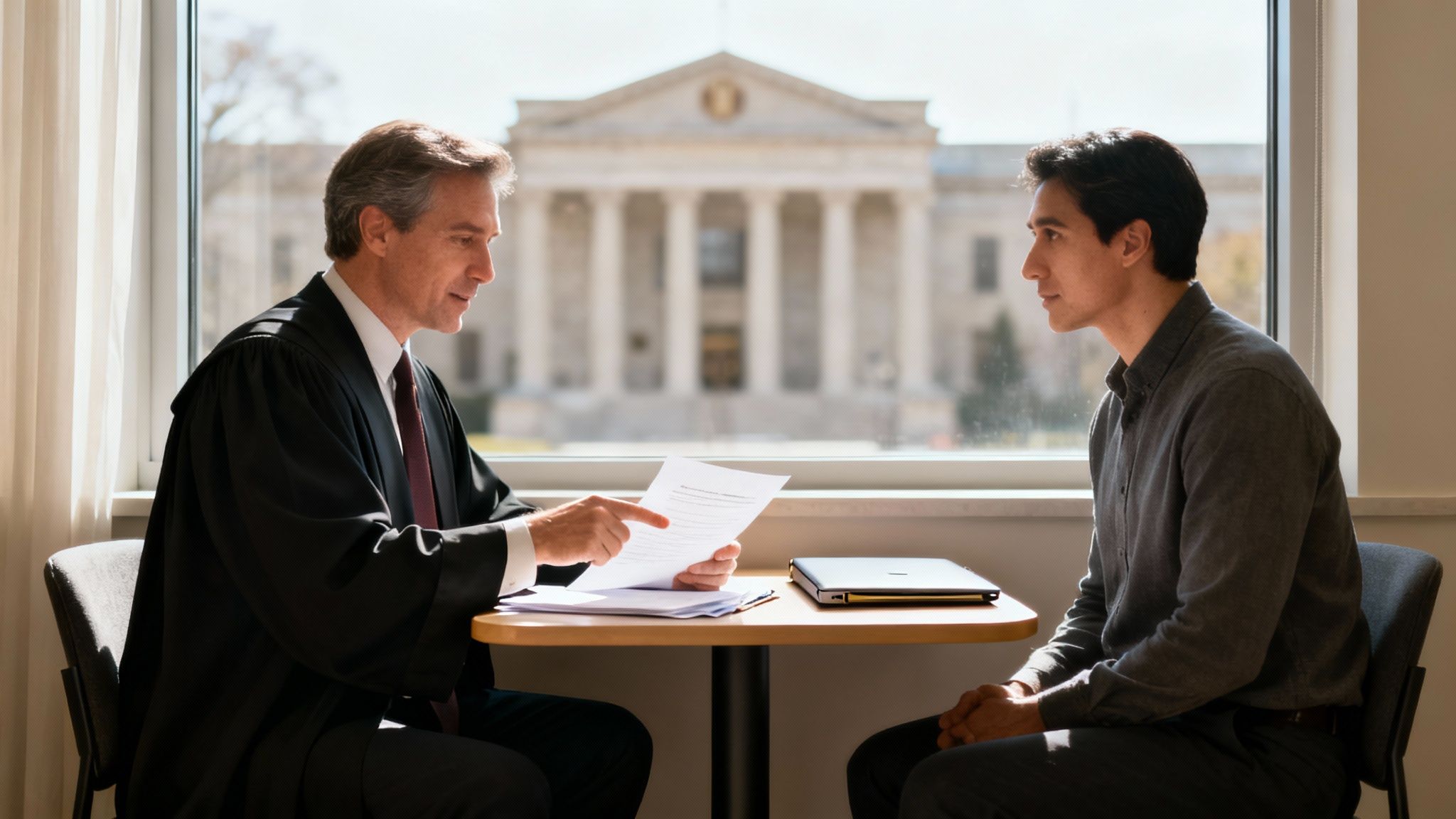 A lawyer in a black robe discusses legal documents with a client in an office, with a courthouse visible outside.