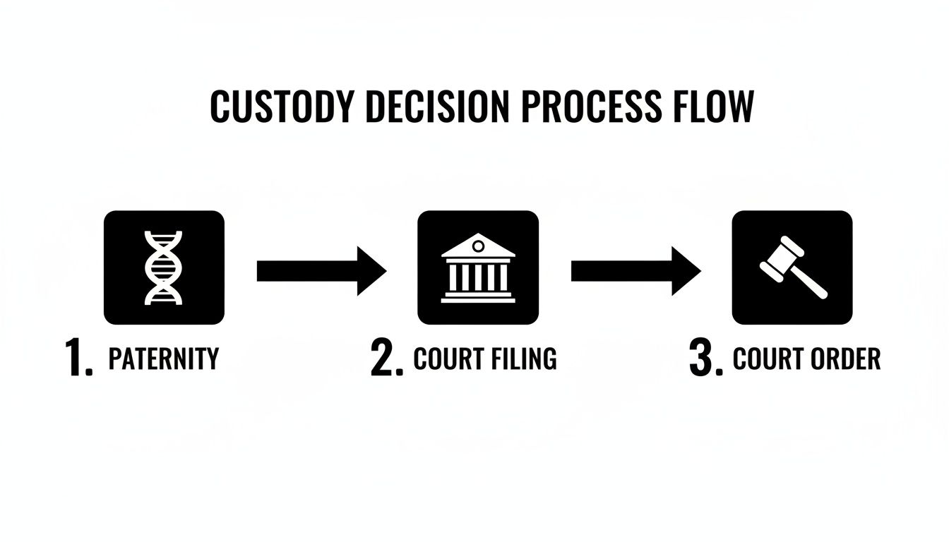 Flowchart illustrating the custody decision process from paternity to court order with icons.