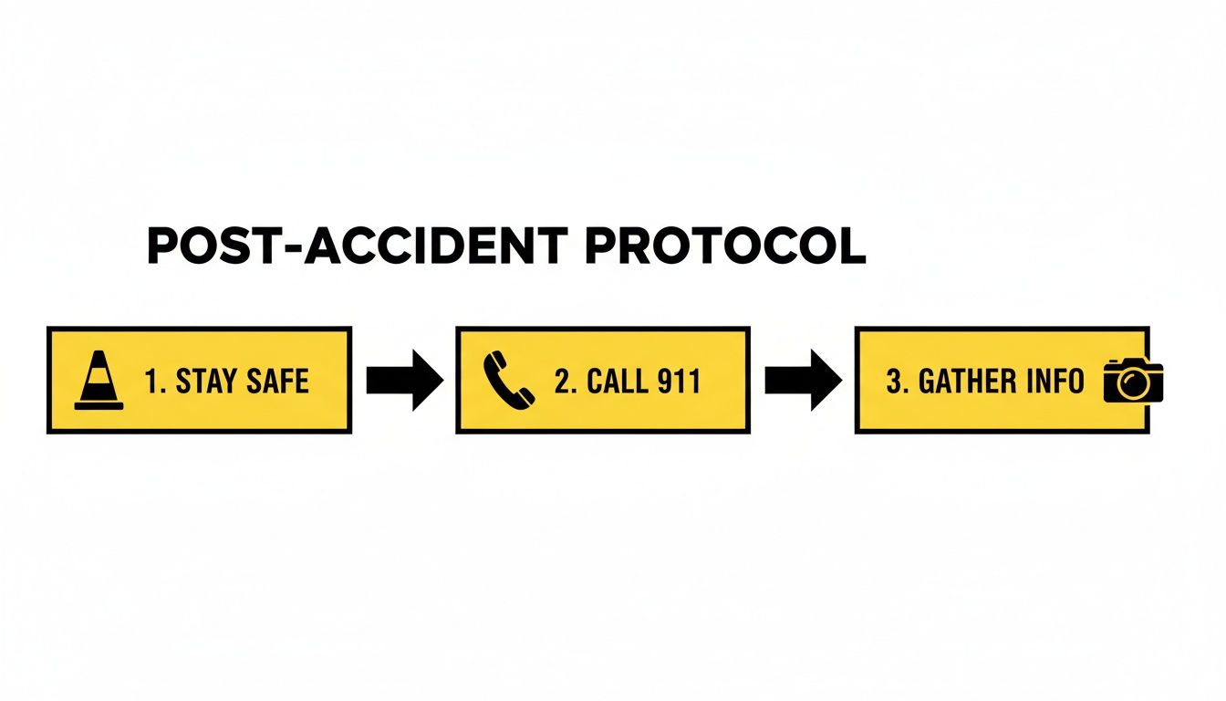 A post-accident protocol flowchart illustrating three essential steps: stay safe, call 911, and gather information.