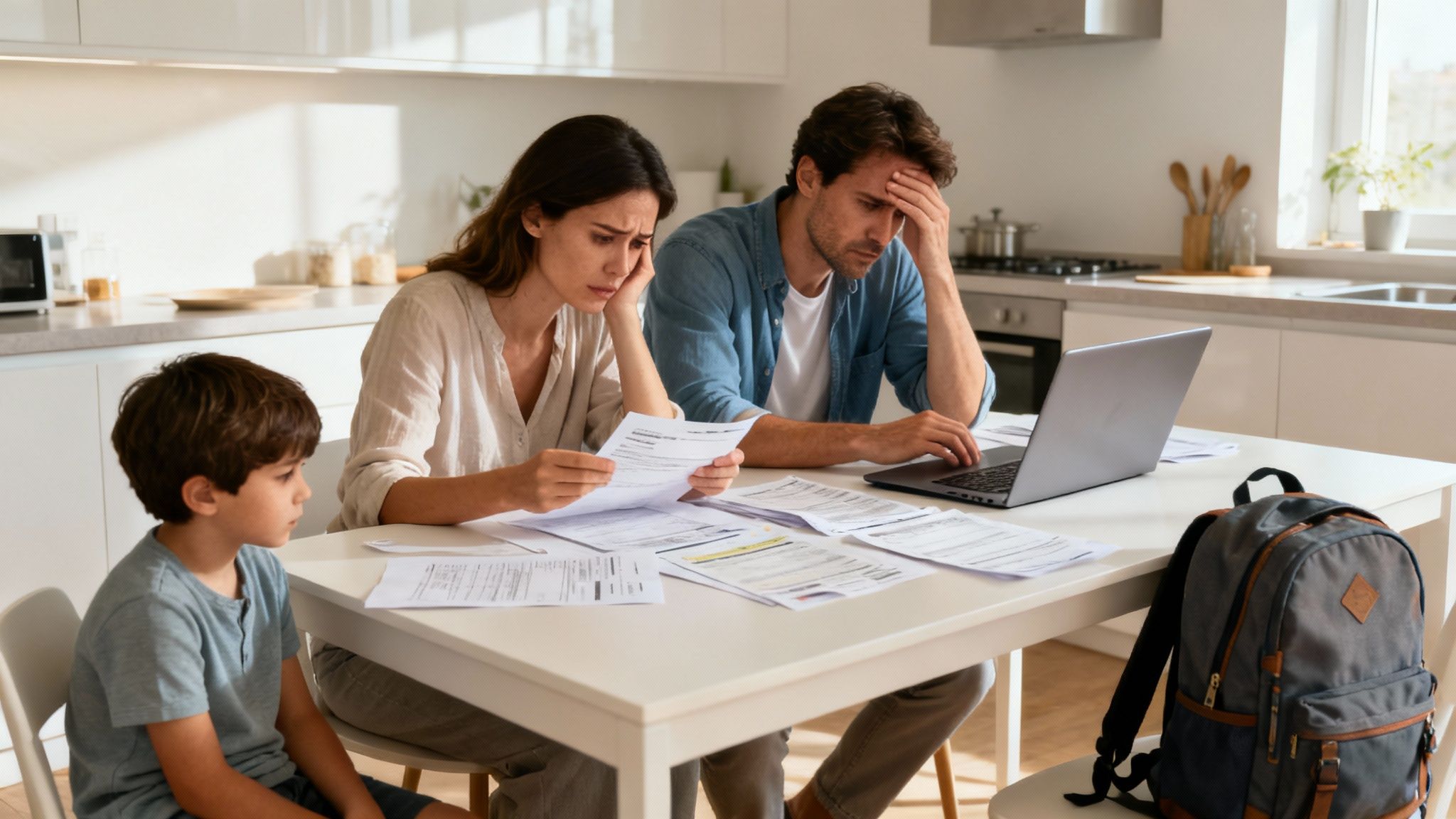 Stressed parents and child review financial documents and laptop at kitchen table.