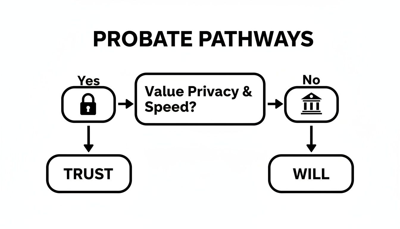 Flowchart illustrating probate pathways in Texas, highlighting choices between a trust for privacy and speed or a will for public probate.
