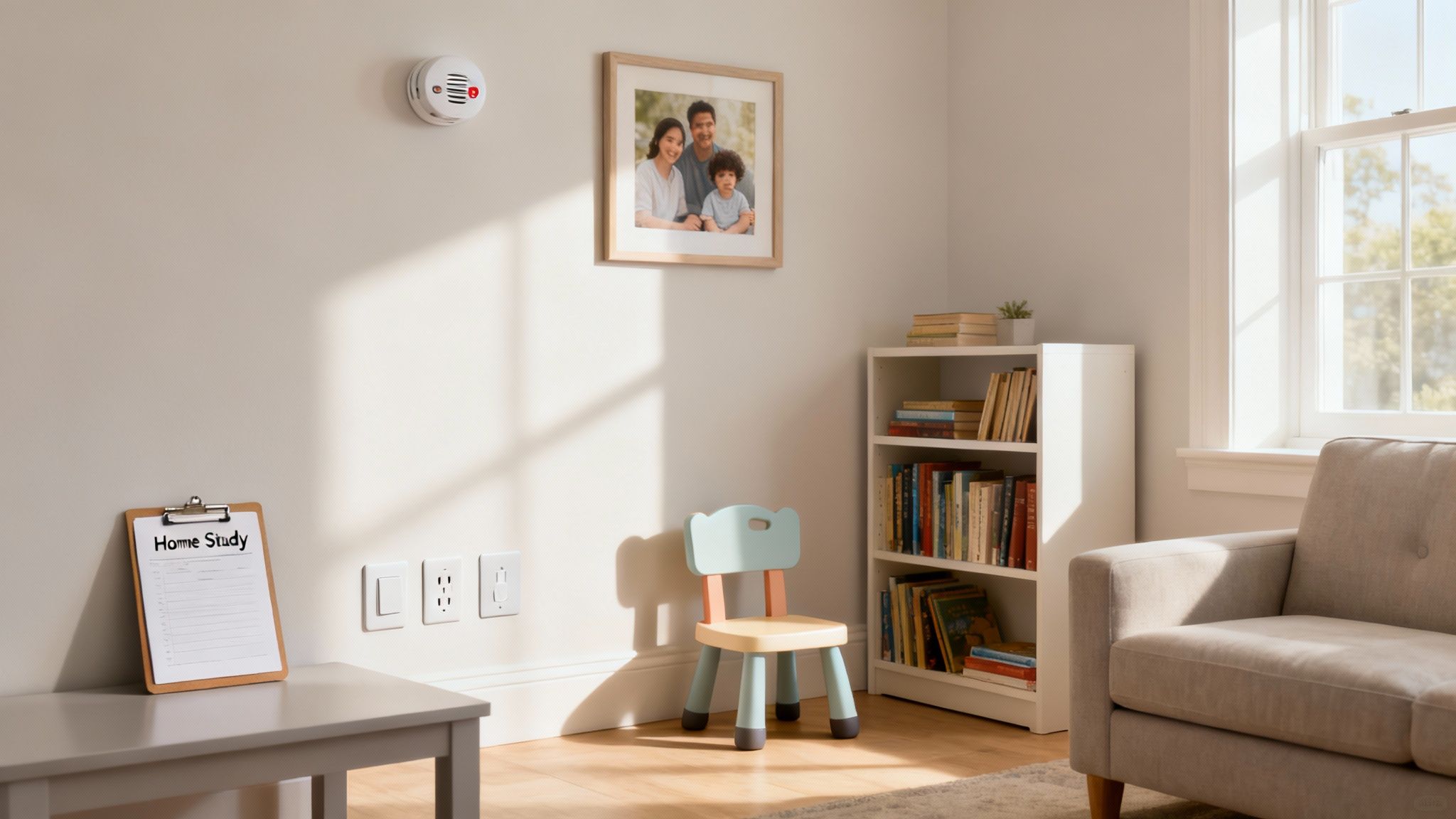 A social worker talking warmly with a couple in their living room.