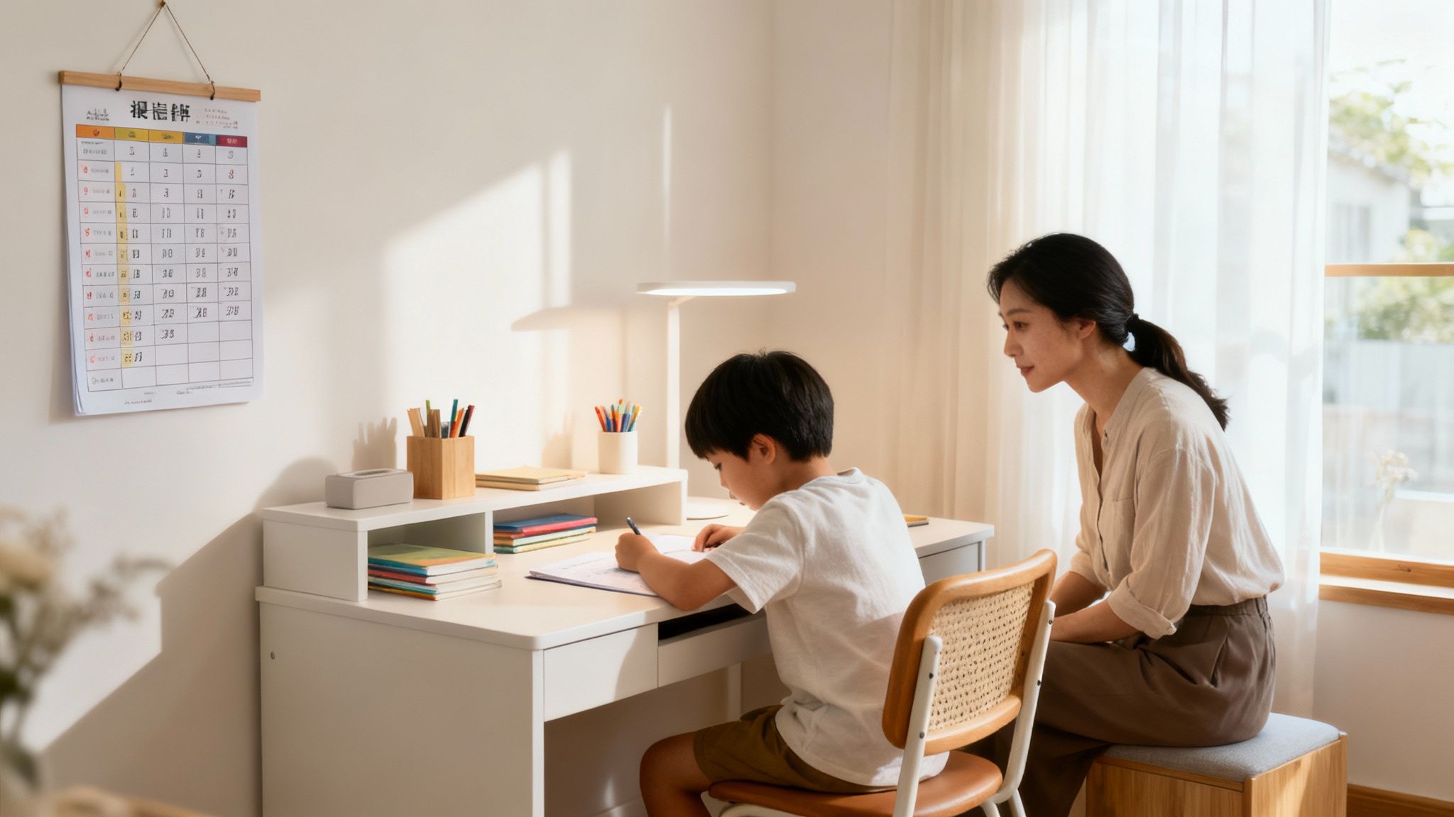 Mother supervising her child doing homework at a study desk with a lamp.