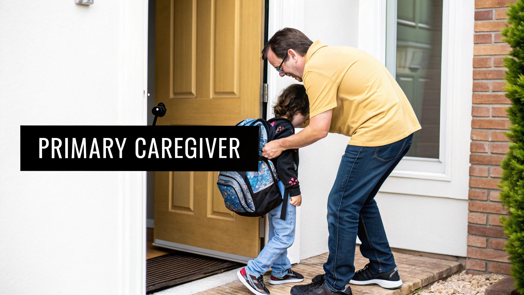 A father helps his young child put on a school backpack at the front door, ready for school.