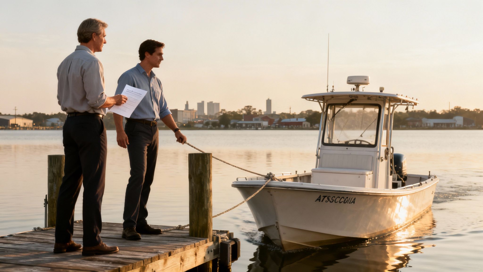 Two men discuss documents on a dock next to a white boat with a city skyline at sunset.