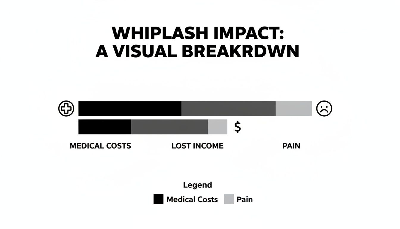 Infographic visualizing whiplash impact, showing medical costs, lost income, and pain components.