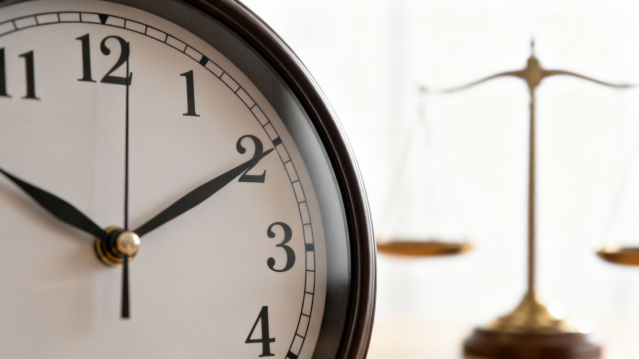 Clock showing 2:00, symbolizing the statute of limitations for theft in Texas, with scales of justice in the background.