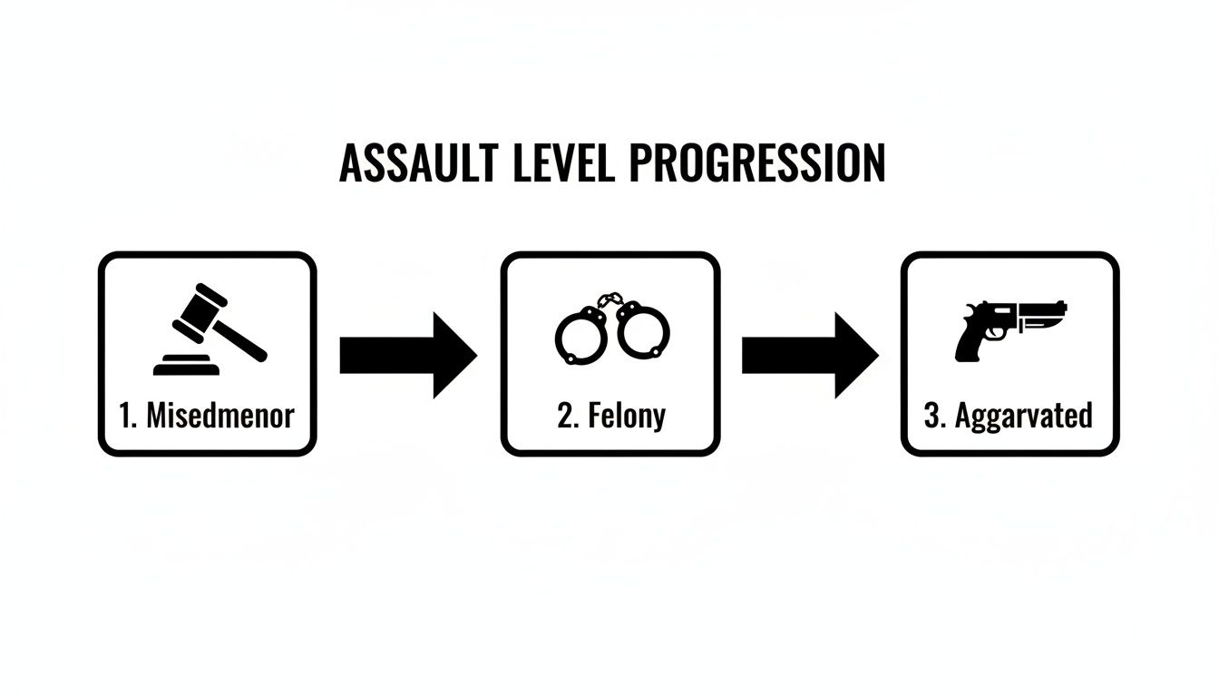 A diagram illustrates the progression of assault levels: misdemeanor, felony, and aggravated, with corresponding icons.