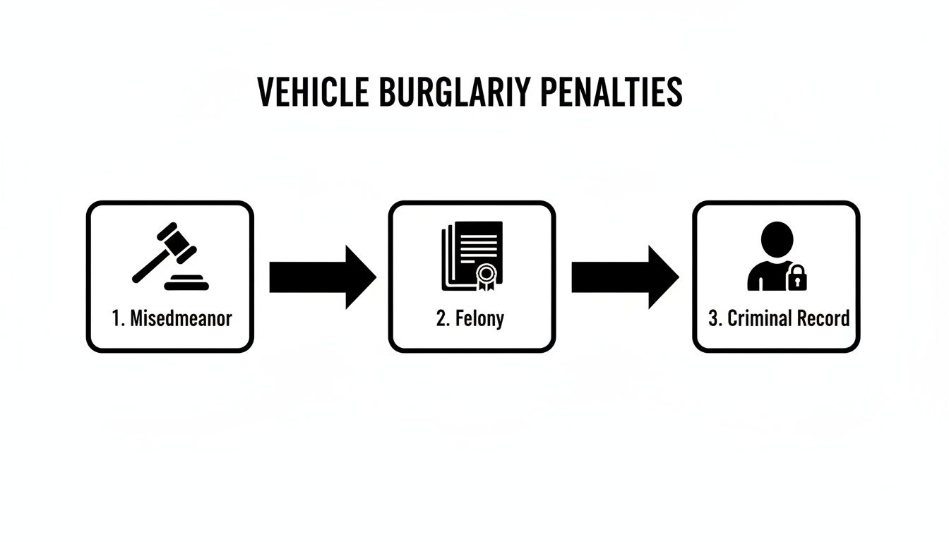 Flow chart illustrating vehicle burglary penalties: from misdemeanor to felony and a criminal record.