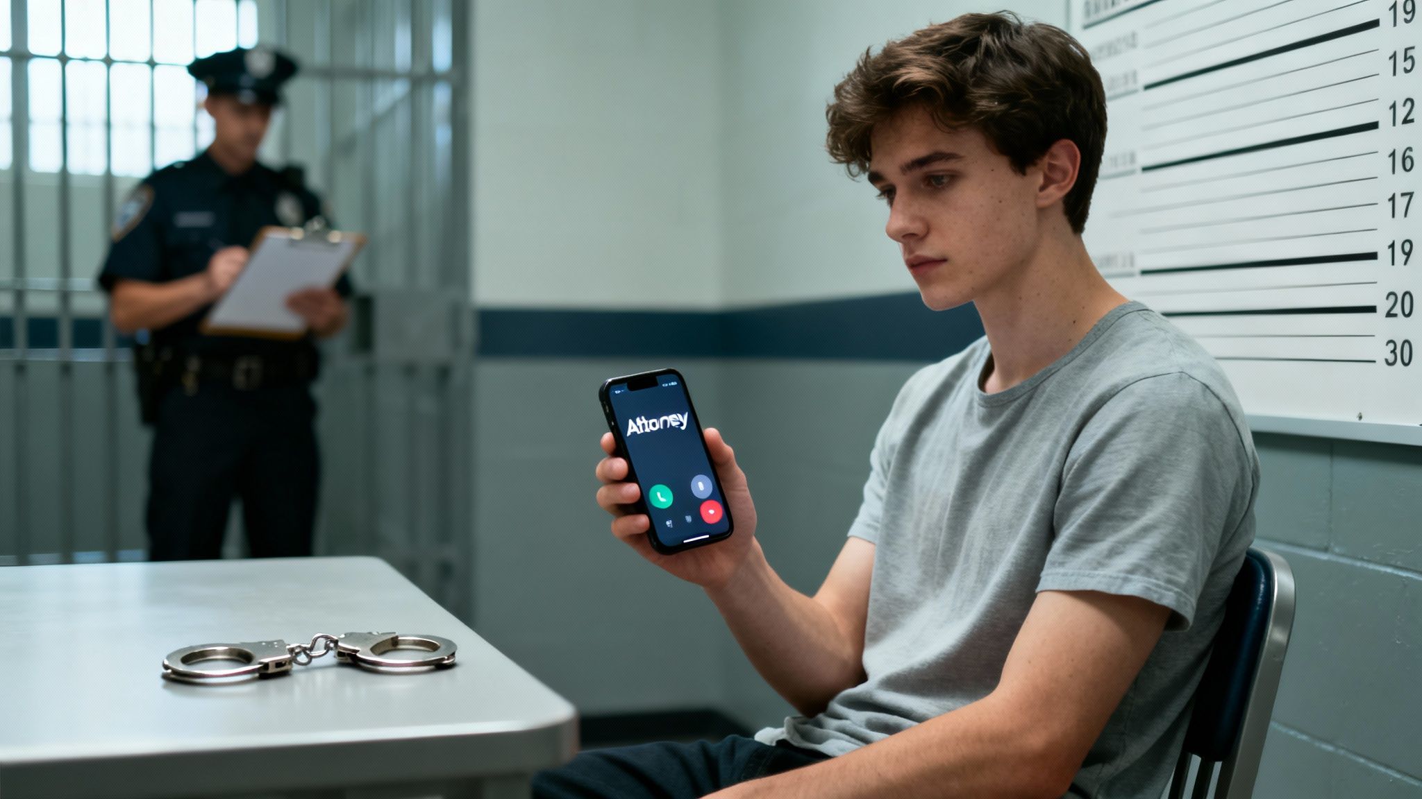 Young man in a police station holding a smartphone displaying "Attorney" while handcuffed, with a police officer in the background taking notes, illustrating the aftermath of a first DWI arrest in Texas.