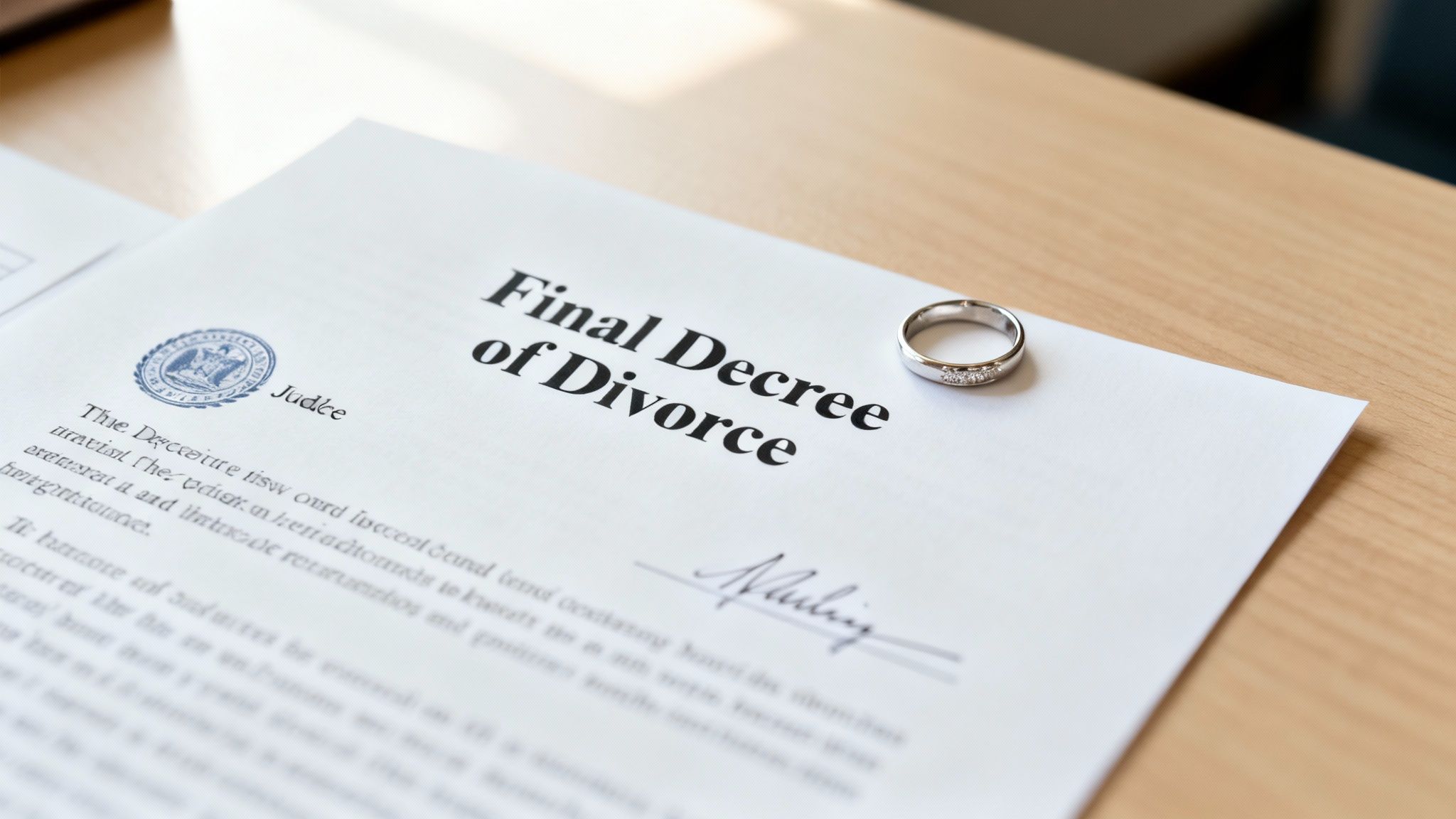 A wedding ring rests on a signed 'Final Decree of Divorce' document on a wooden table.