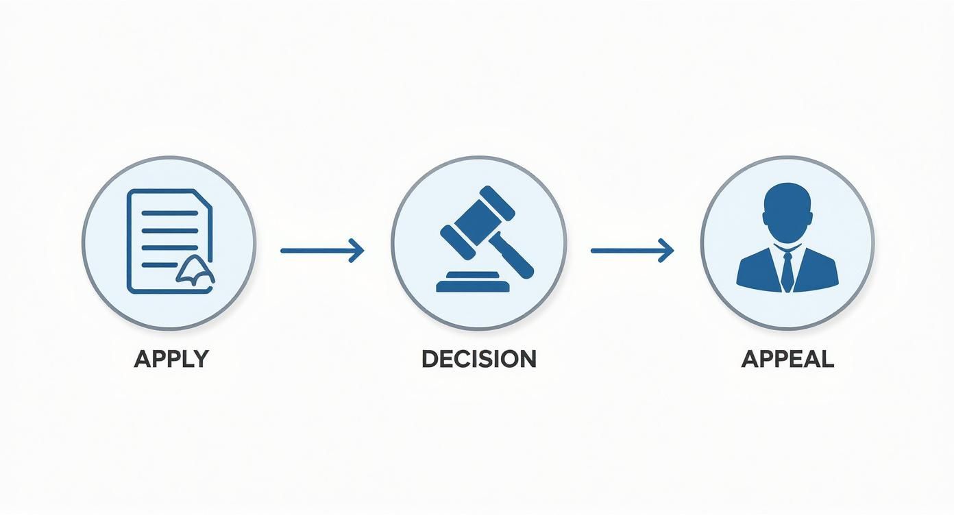 A diagram illustrates a three-step application process: Apply (document), Decision (gavel), Appeal (person).