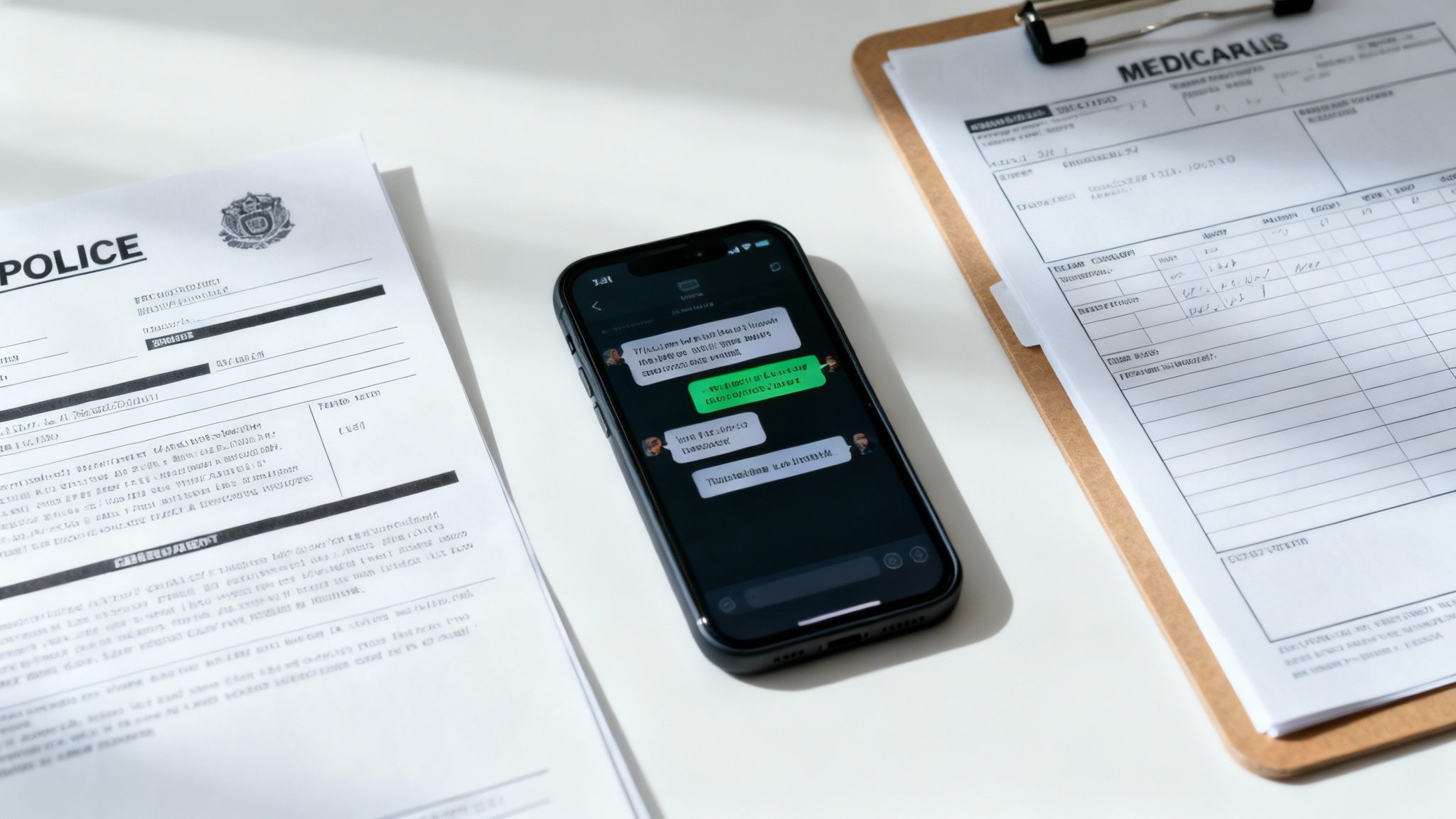 Smartphone displaying text messages alongside police report and medical documents, relevant to legal proceedings in family law appeals.