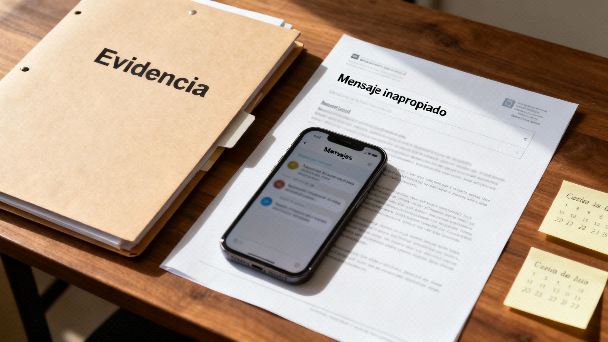 Carpeta de evidencia, documento de mensaje inapropiado, y un smartphone con mensajes en un escritorio de madera.