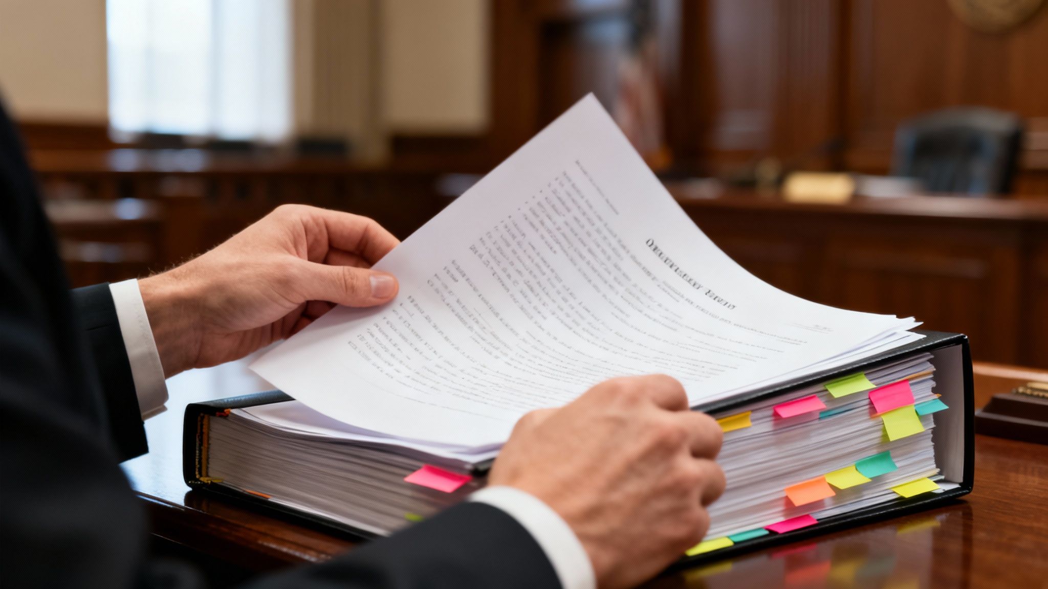 Close-up of a person's hands reviewing legal documents in a binder filled with colorful sticky notes, in a legal setting.