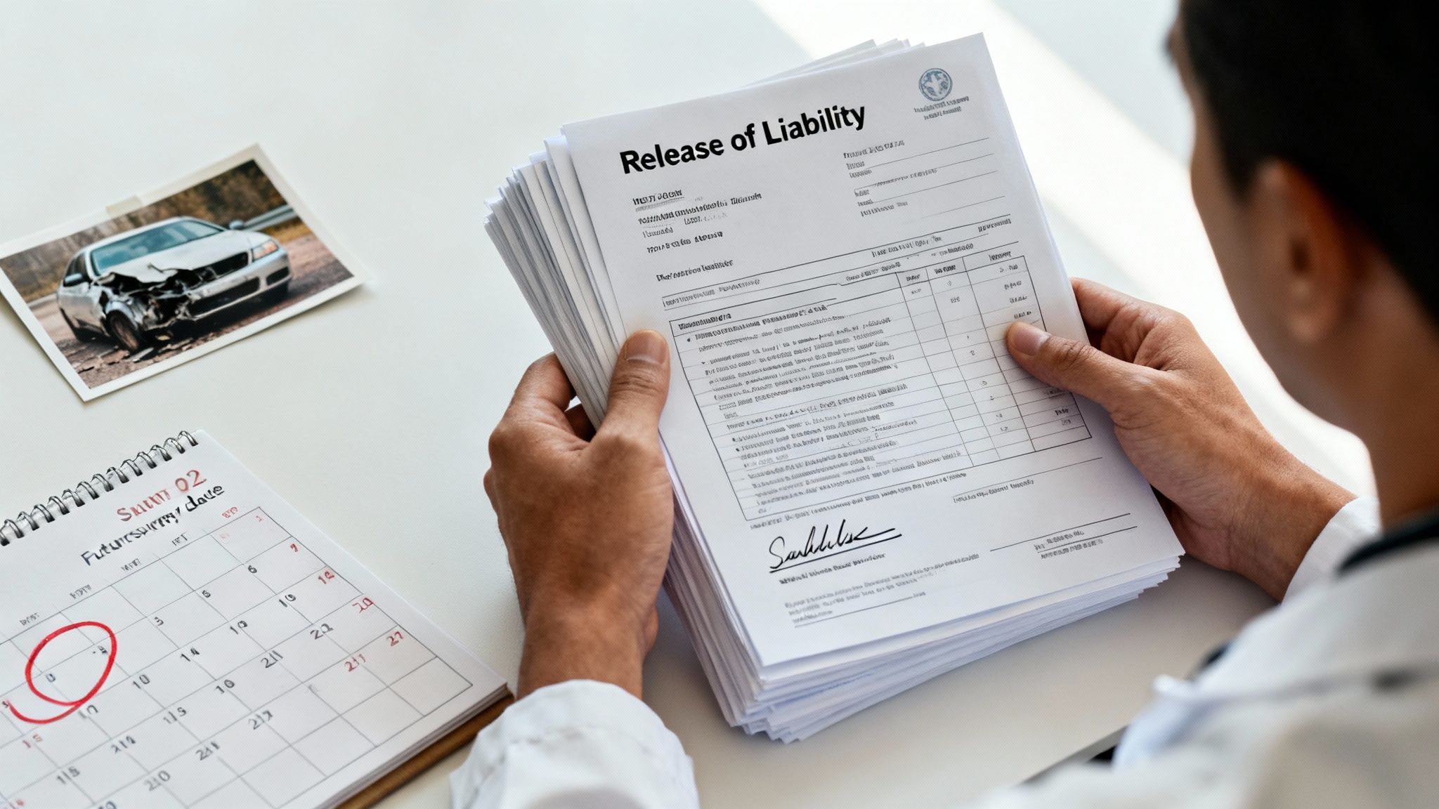 A person holds 'Release of Liability' forms, an accident photo, and a calendar for accident-related paperwork.