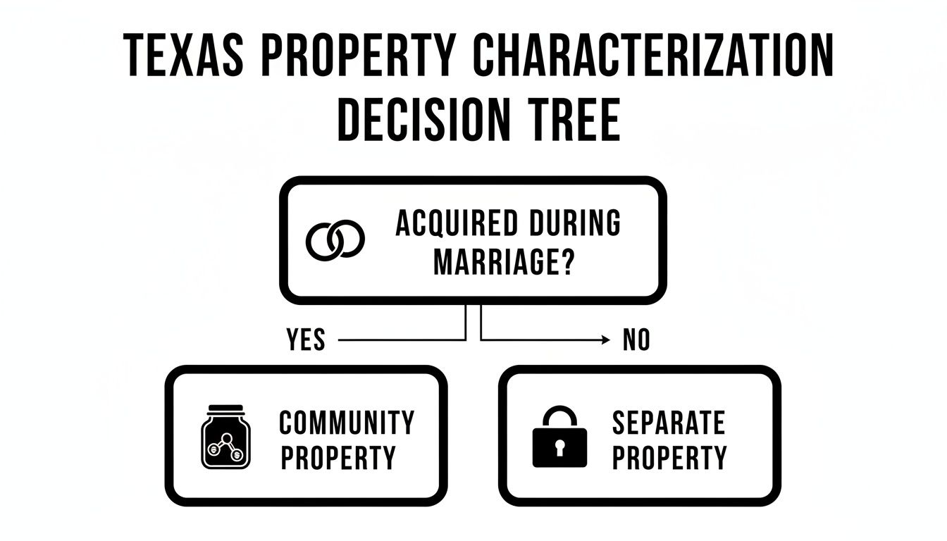 A Texas property characterization decision tree explaining community vs. separate property based on marriage acquisition.