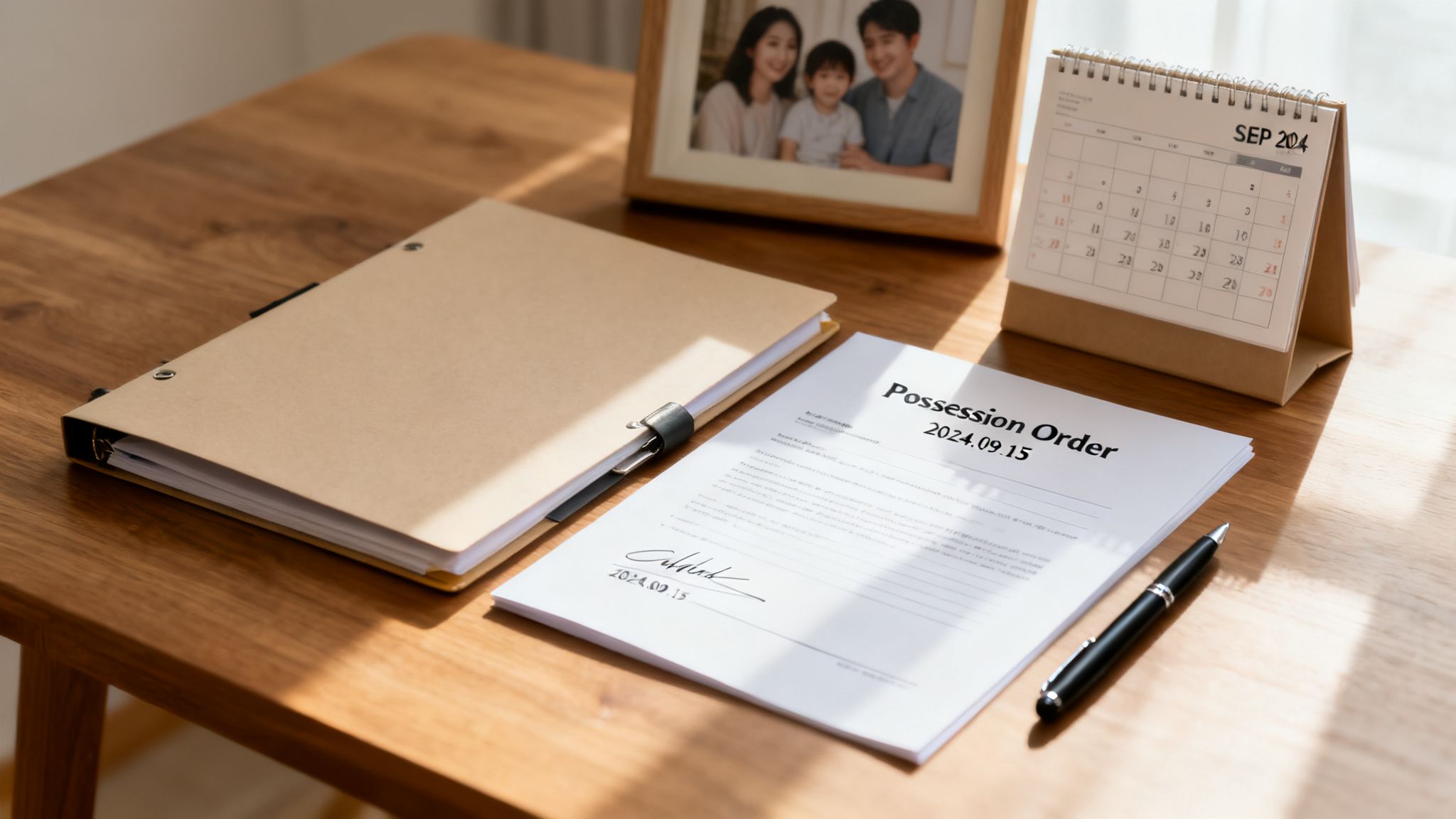 A document titled 'Possession Order' signed on a wooden desk with a family photo and calendar.