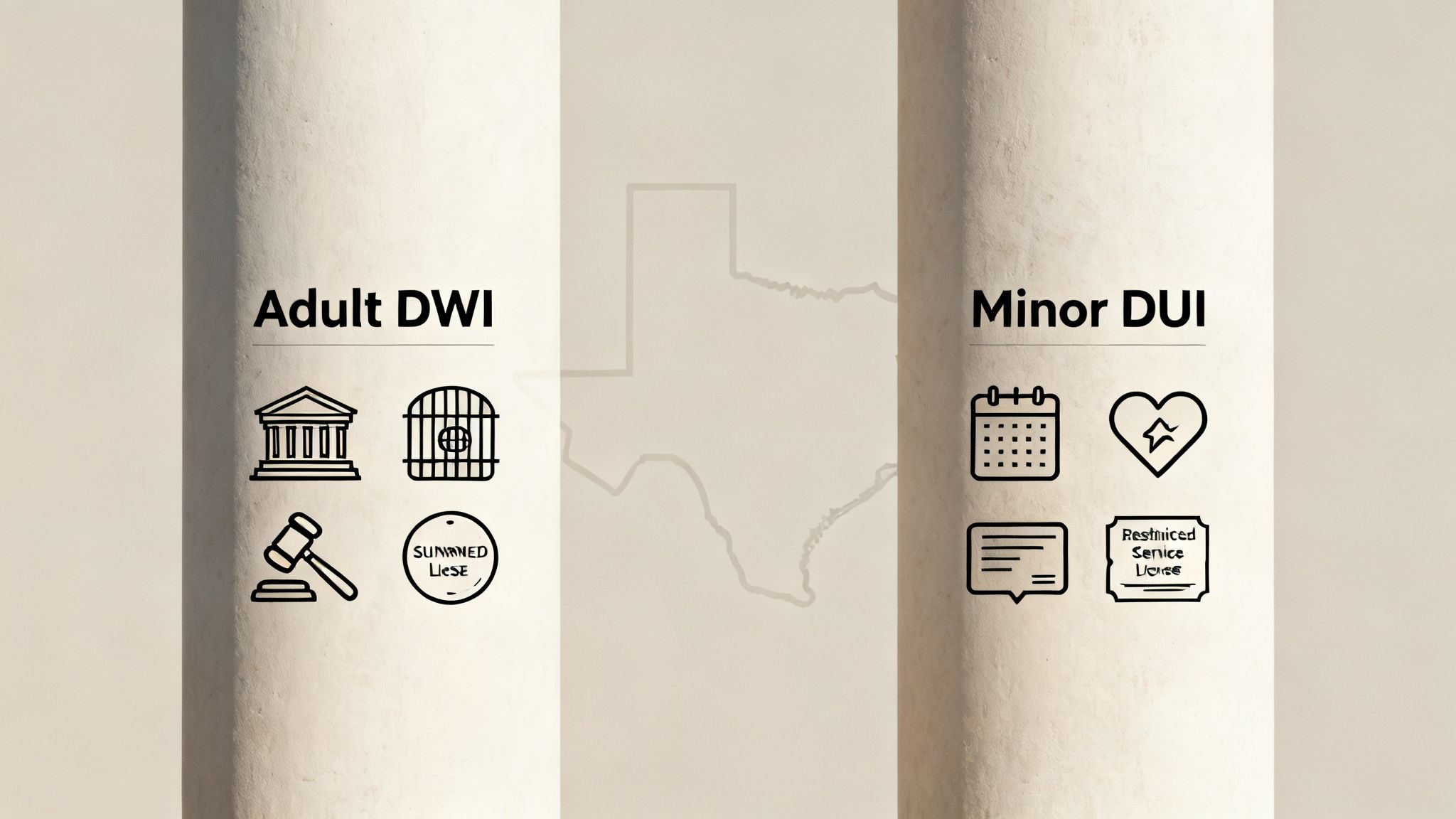 An image comparing Adult DWI and Minor DUI consequences in Texas with icons for court, jail, licenses, and other penalties.