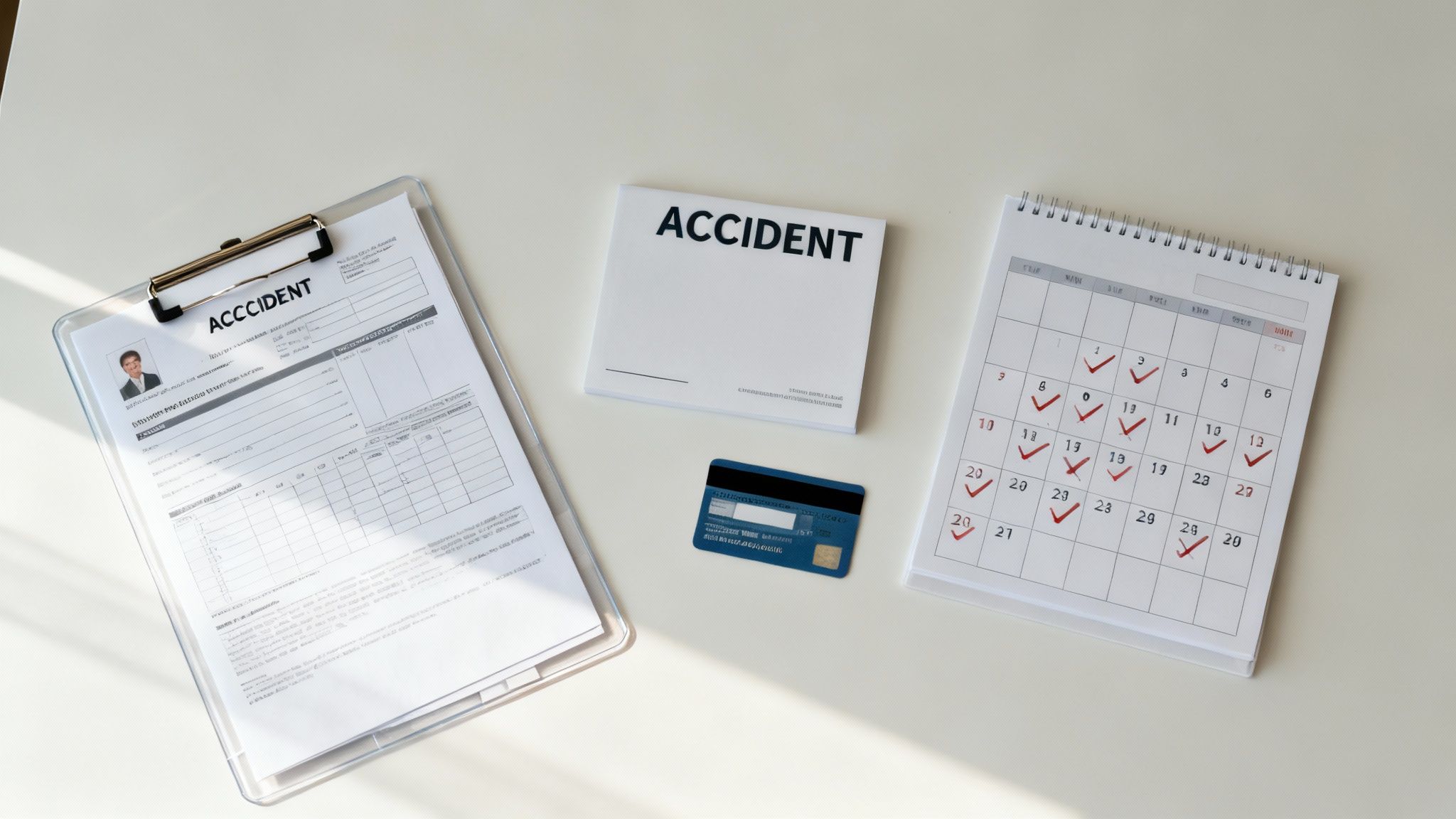 An insurance adjuster examining a checklist on a clipboard with a damaged car in the background.
