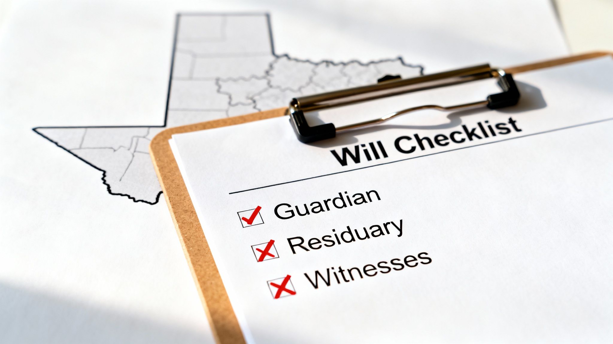 Will checklist with checked guardian box and unchecked residuary and witnesses boxes, alongside a faint outline of Texas state map in the background, emphasizing the importance of proper estate planning in Texas.