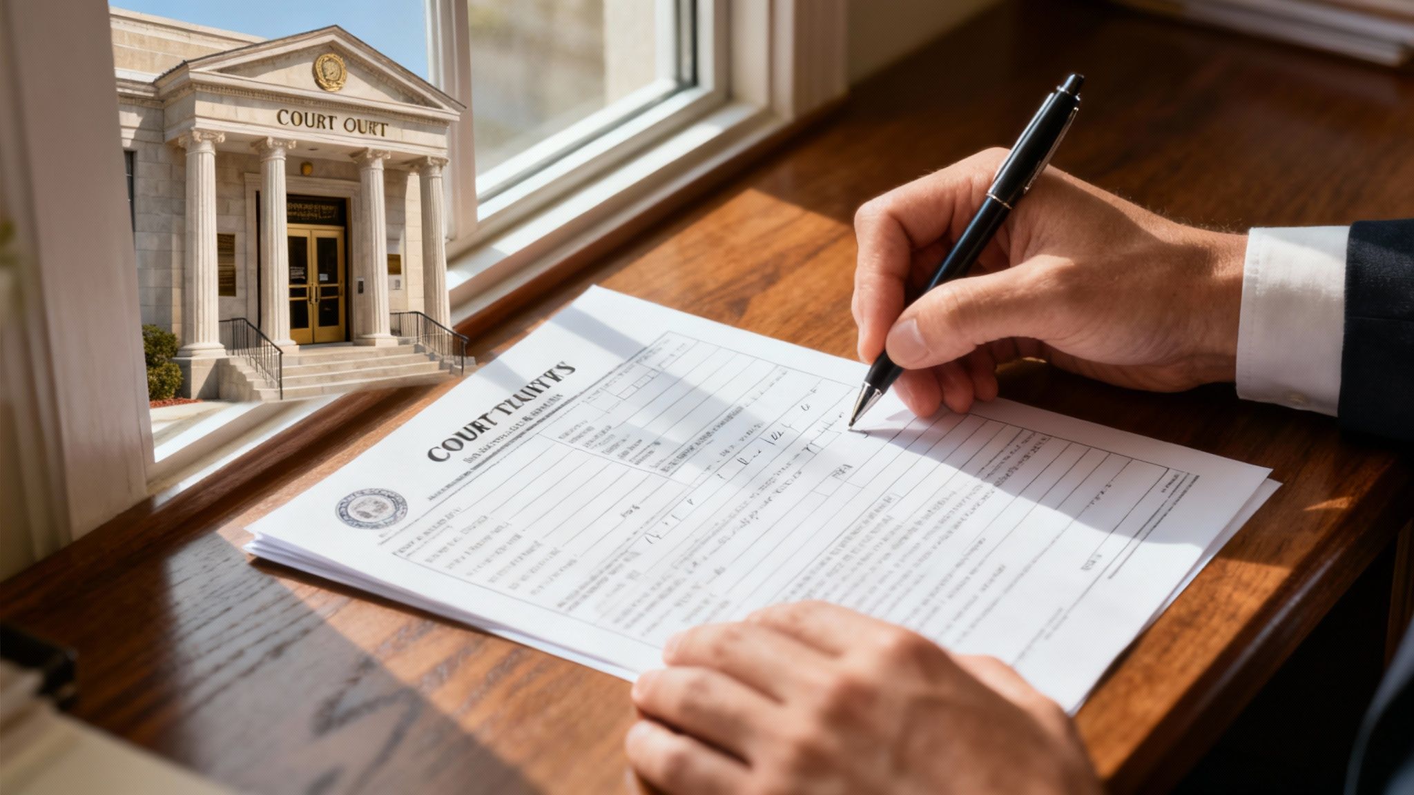 A person filling out legal forms at a desk, illustrating the application process for a protective order.