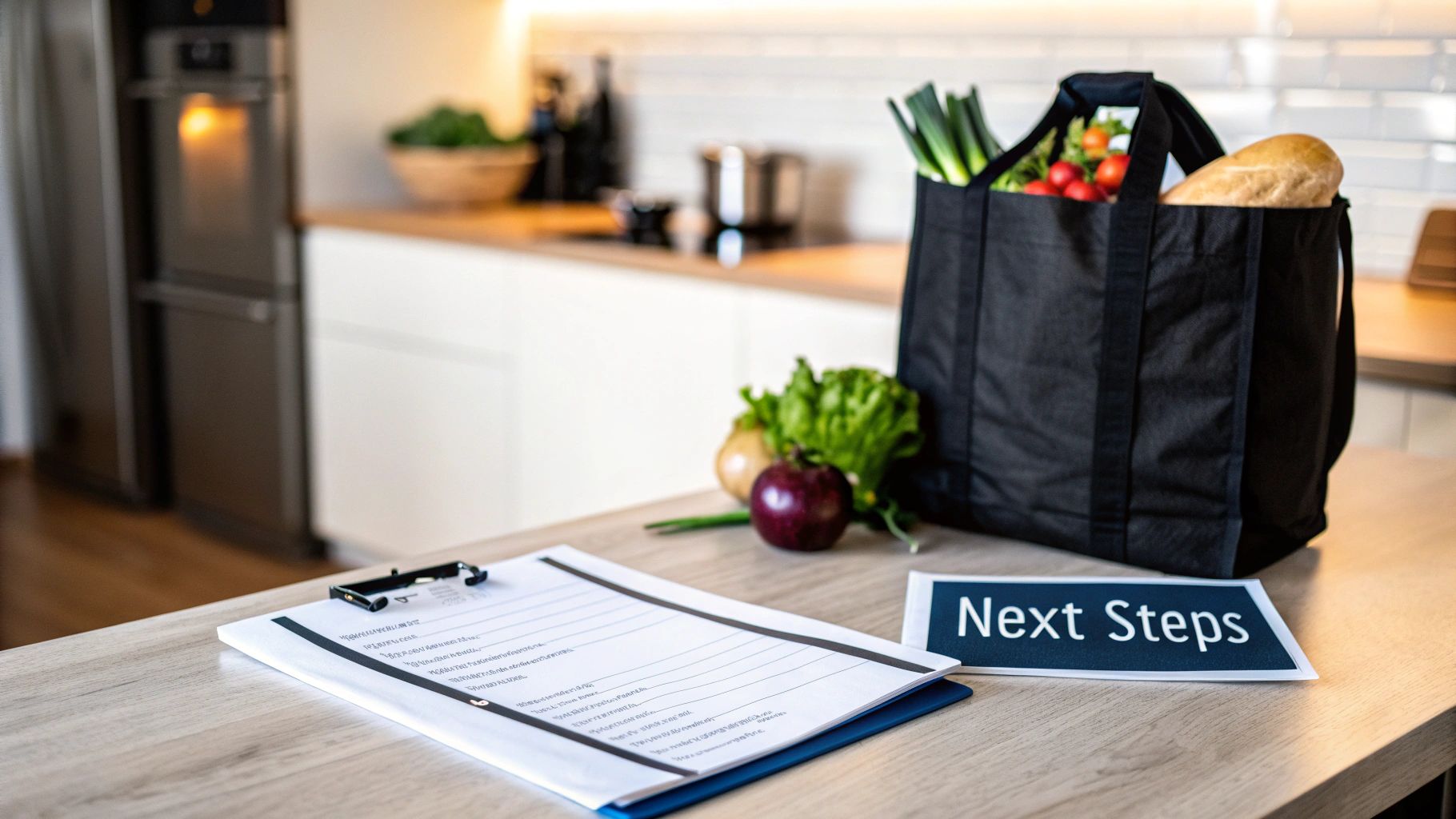 Fresh groceries, a checklist, and a "Next Steps" sign on a modern kitchen counter.