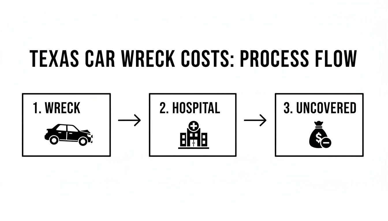 Flowchart showing Texas car wreck costs: wreck, hospital, and uncovered expenses process.