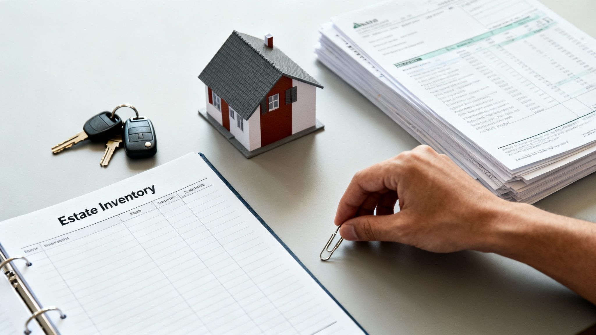 A hand holding a paperclip next to an estate inventory binder, a model house, keys, and documents.