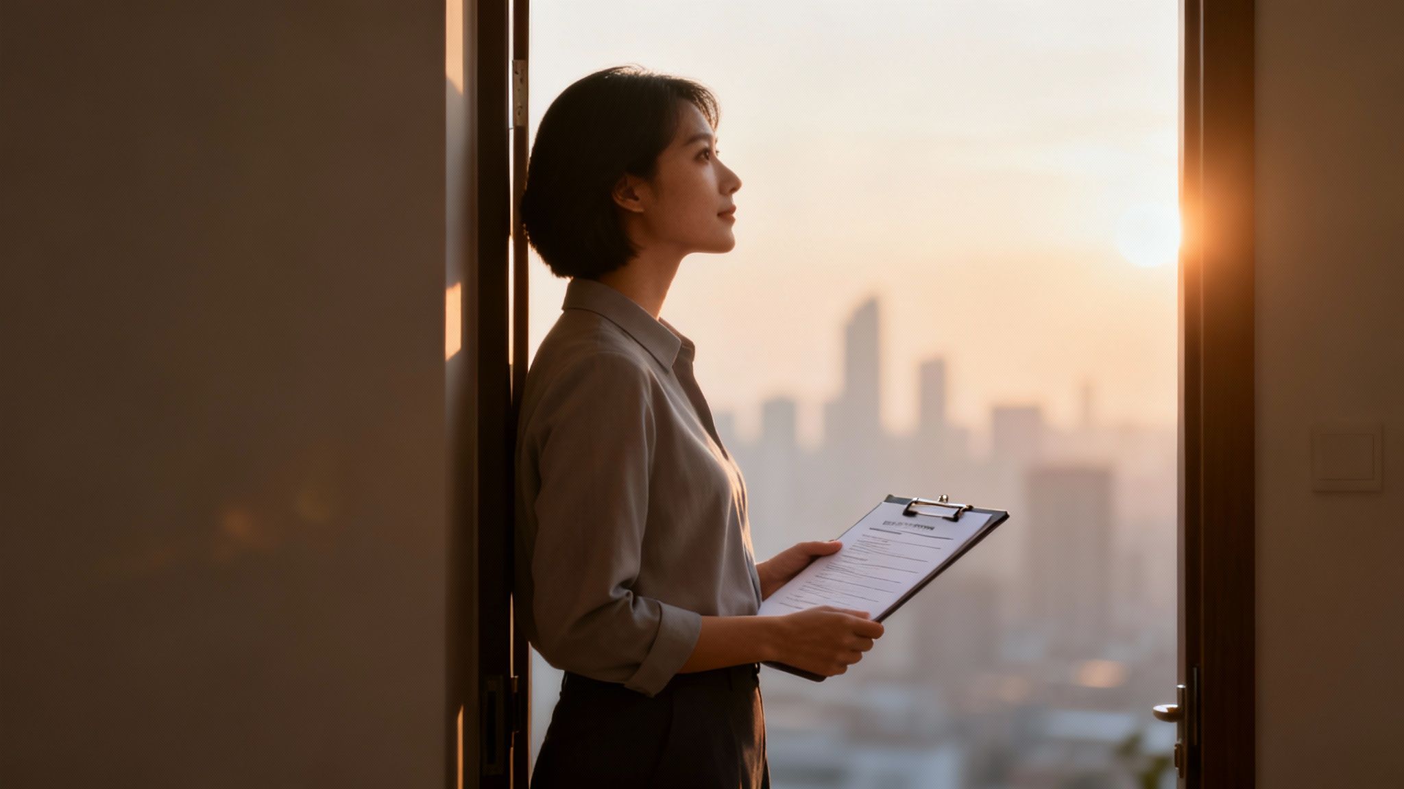 Woman holding a clipboard, gazing thoughtfully out of a doorway at a city skyline during sunset, symbolizing new opportunities and a fresh start after expunging a criminal record in Texas.