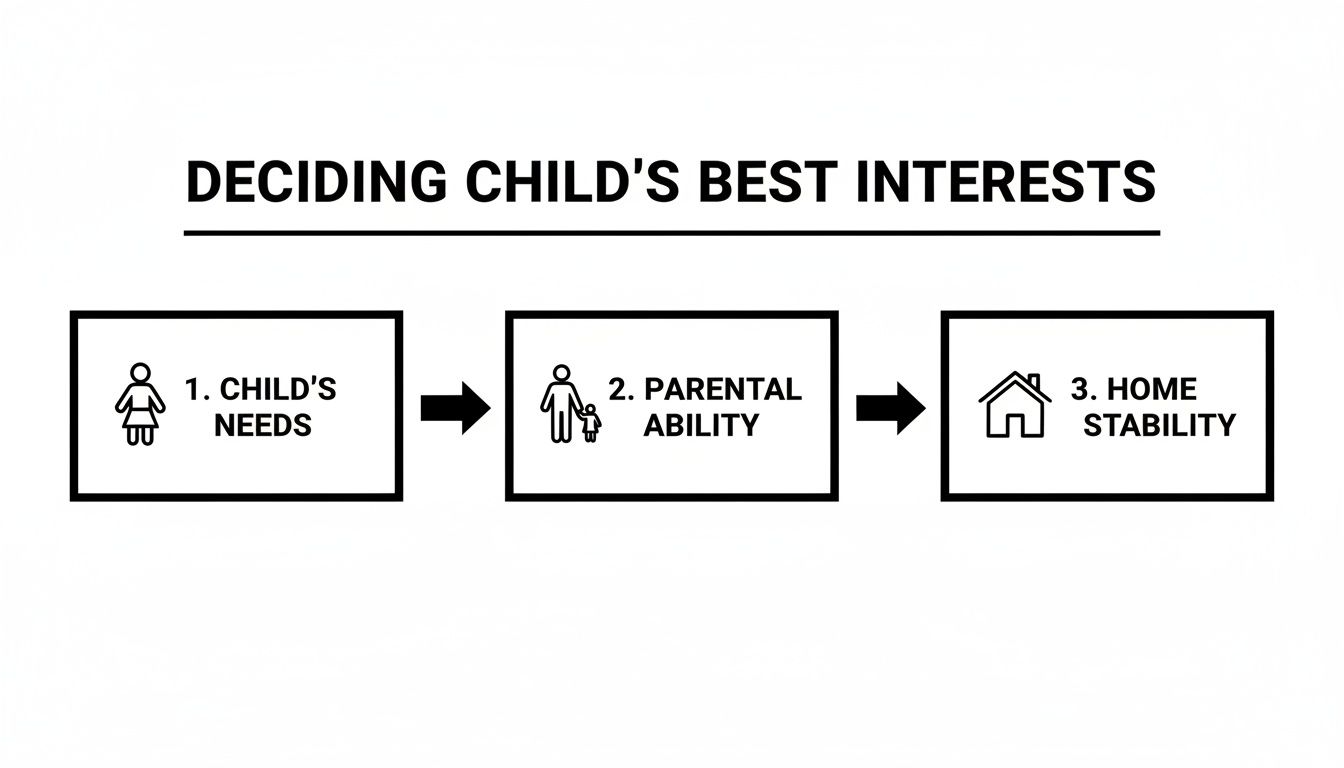 Flowchart illustrating the factors for deciding a child's best interests: child's needs, parental ability, and home stability.