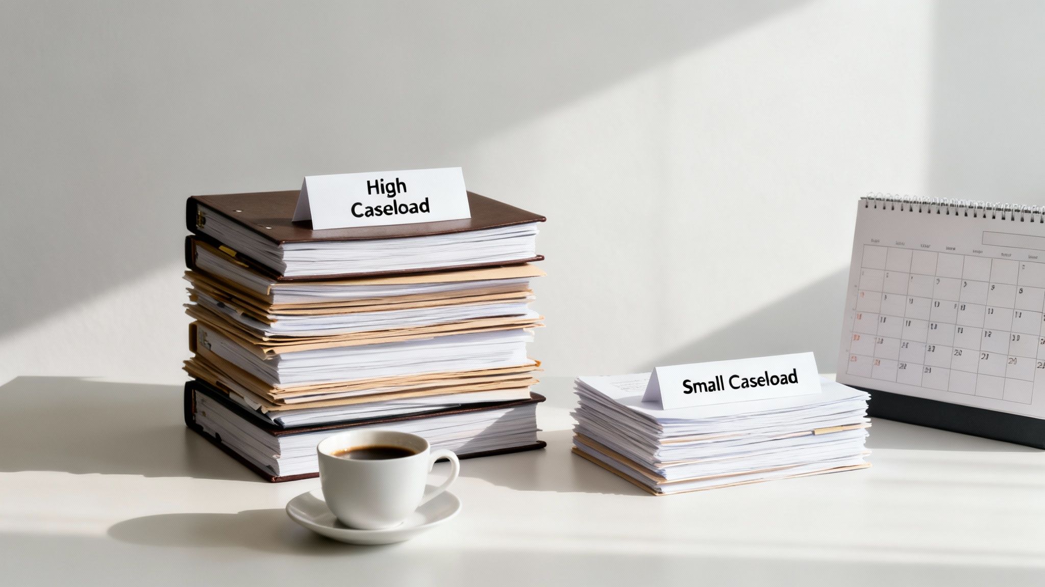 Two stacks of files on a desk, one labeled 'High Caseload' and the other 'Small Caseload', illustrating workload difference.