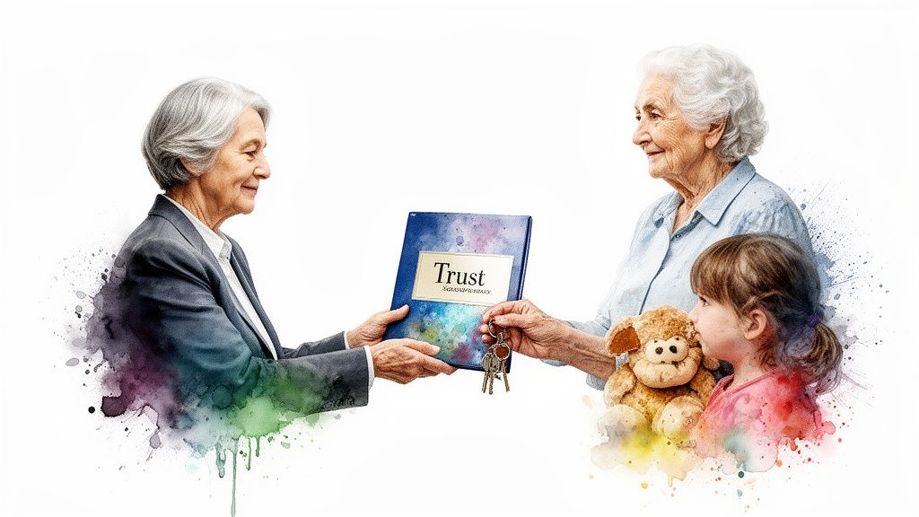 Elderly woman handing a trust document to another elderly woman, with a child holding a stuffed animal, symbolizing family estate planning and the importance of trusts in securing financial well-being.