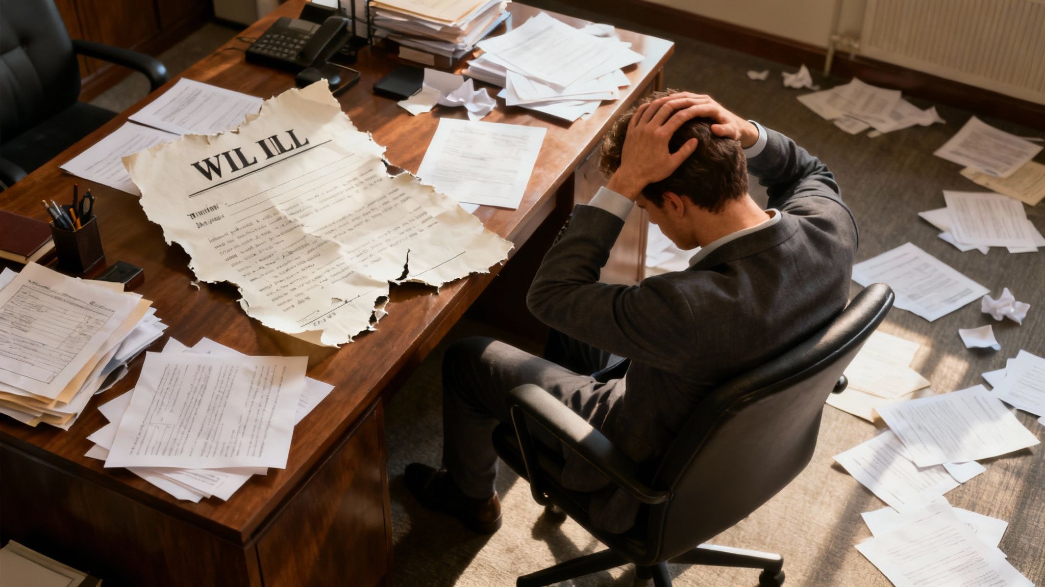 Man in a suit sitting at a desk with a distressed expression, surrounded by scattered papers, with a partially torn will document prominently displayed, illustrating the stress of estate planning and potential pitfalls in creating a will.