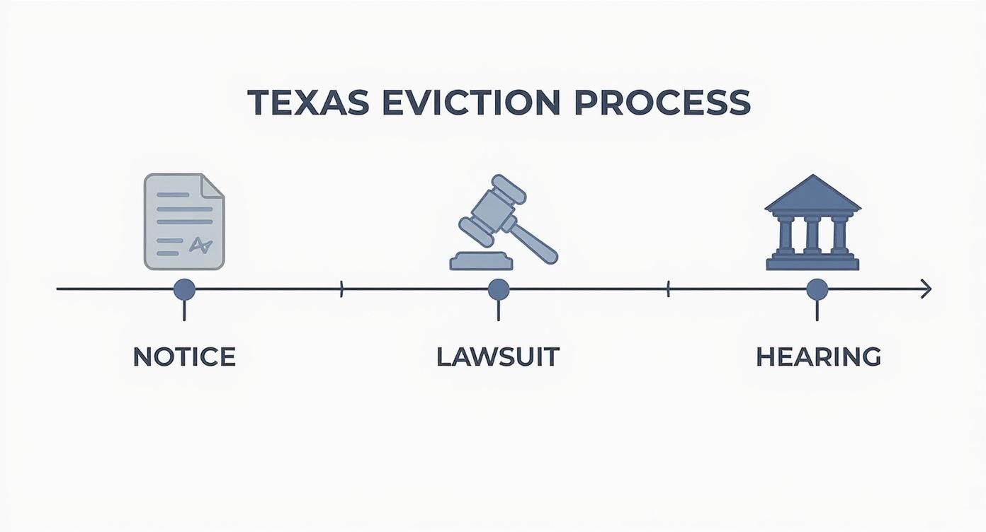 Texas eviction process diagram illustrating key steps: Notice, Lawsuit, and Hearing.