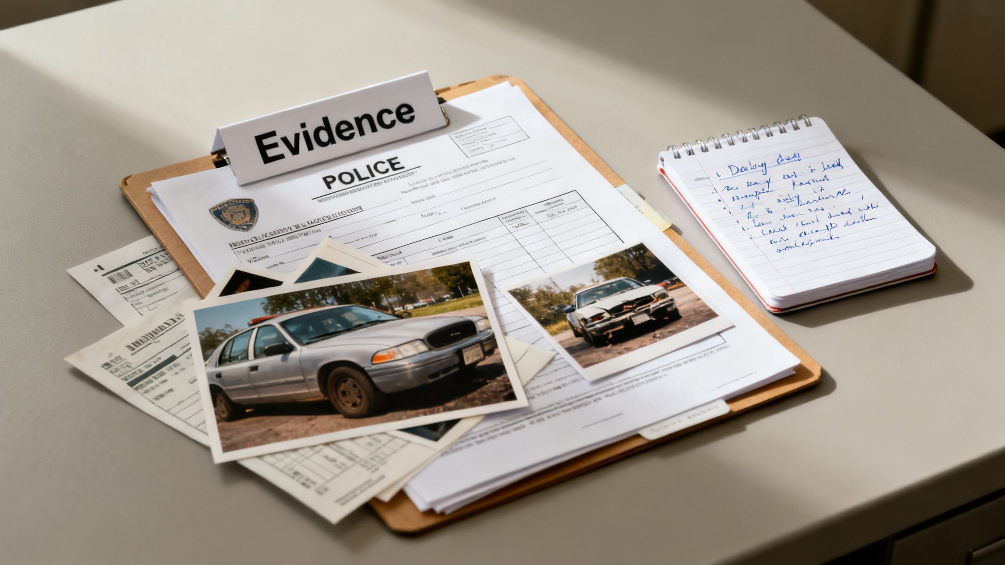 A police investigation scene with 'Evidence' label, police forms, car photos, and a notepad.