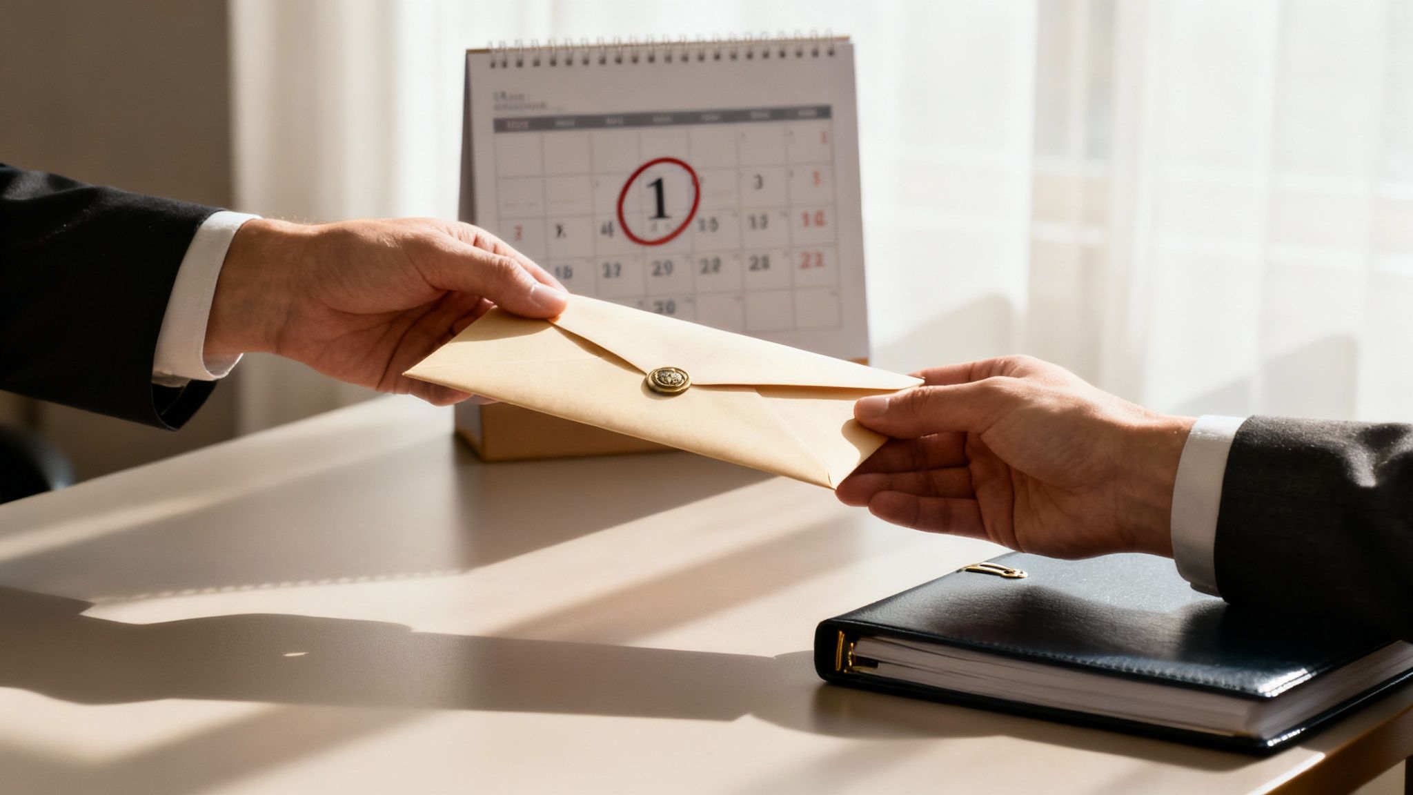 Two suited hands exchange a sealed envelope on a desk with a calendar showing '1' circled.