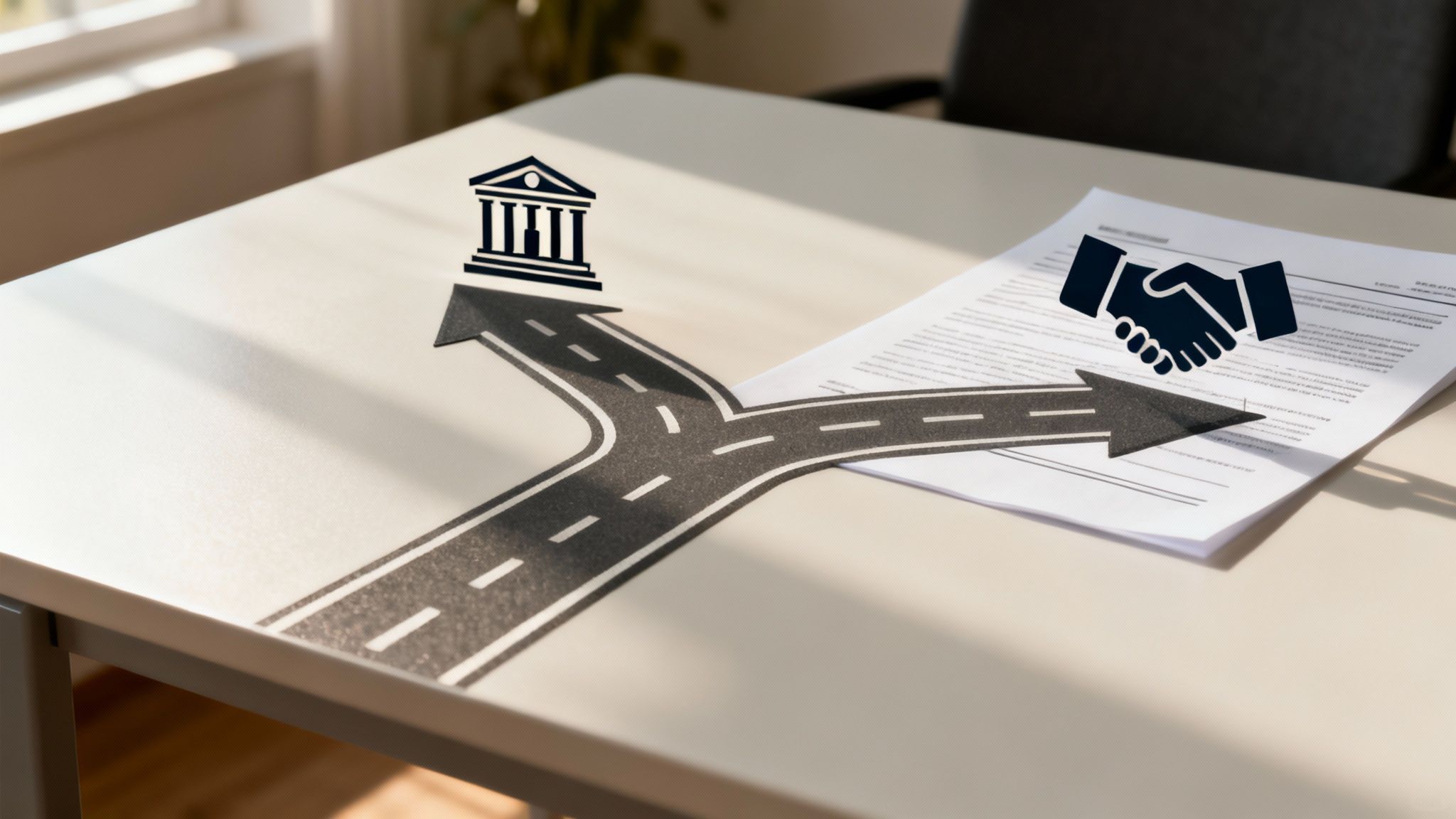 Road fork illustration on a table, symbolizing choices between divorce litigation (court icon) and mediation (handshake icon), with legal documents in the background, representing decision-making in Texas divorce.