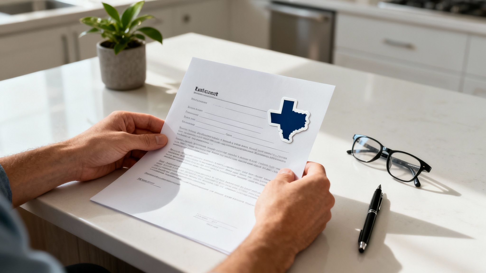 Person holding a Texas real estate contract with a Texas-shaped sticker, surrounded by a plant, eyeglasses, and a pen on a kitchen countertop.