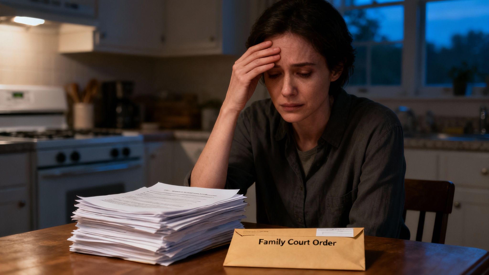 Stressed woman reviewing family court order documents at kitchen table in evening