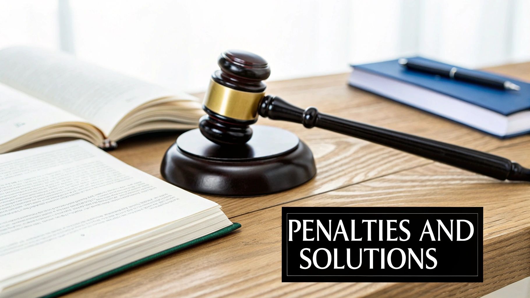 A judge's gavel and an open legal book on a wooden desk, with text 'Penalties and Solutions'.