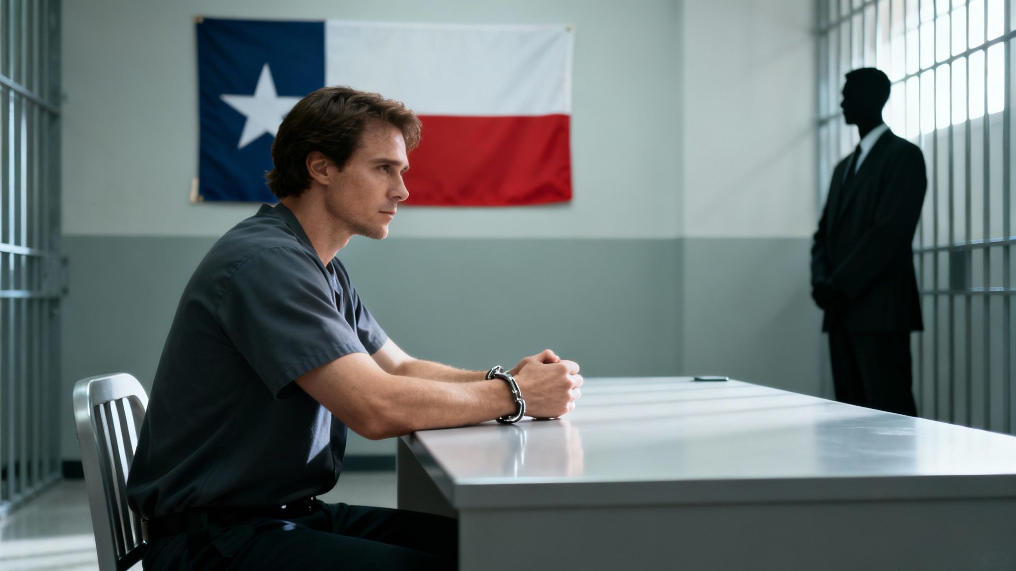 Man in handcuffs sitting at a table in a jail setting, with a Texas flag in the background, highlighting themes of arrest and legal rights in Texas.