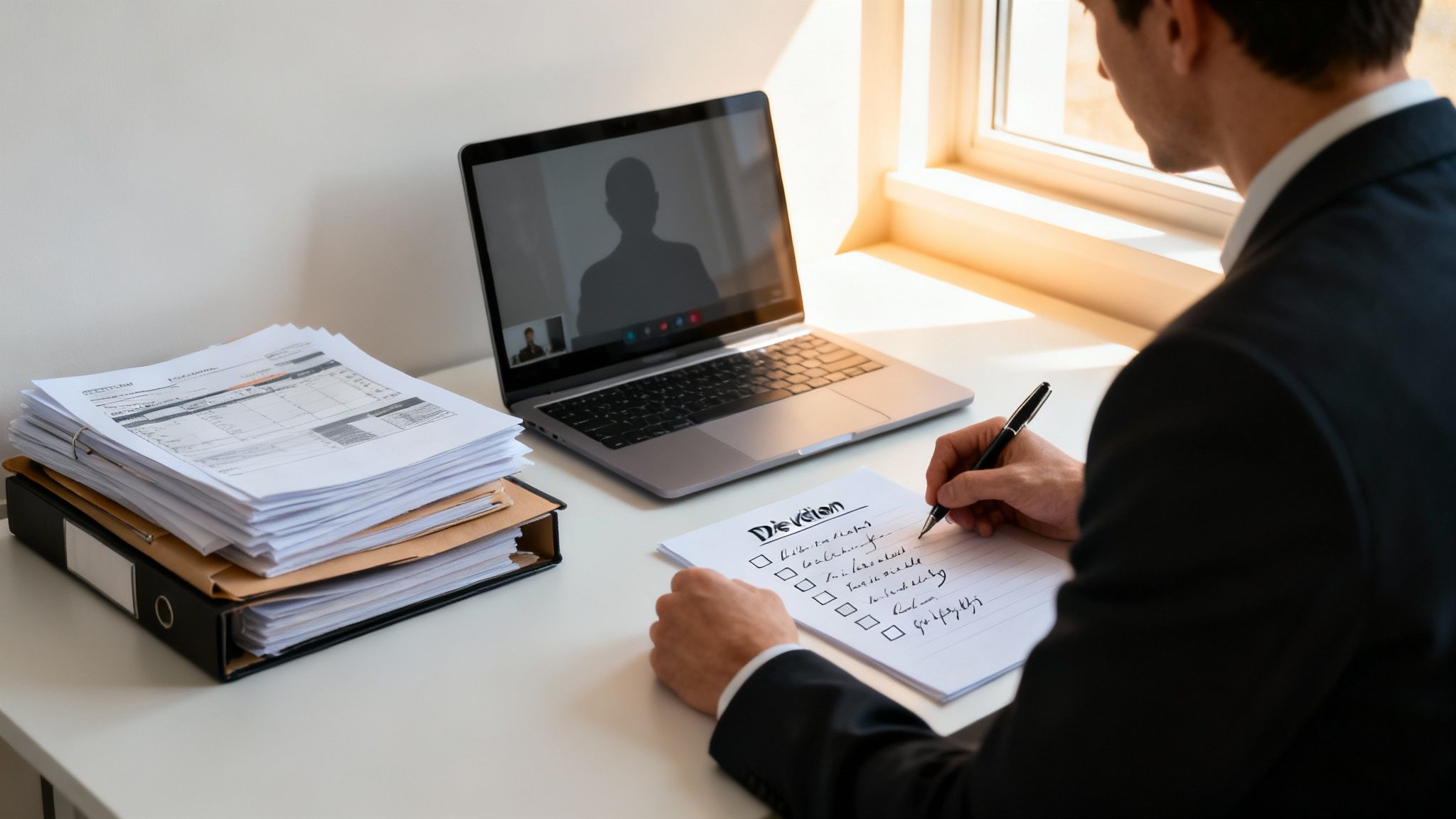 Professional man in a suit writing notes at his desk during an online meeting.