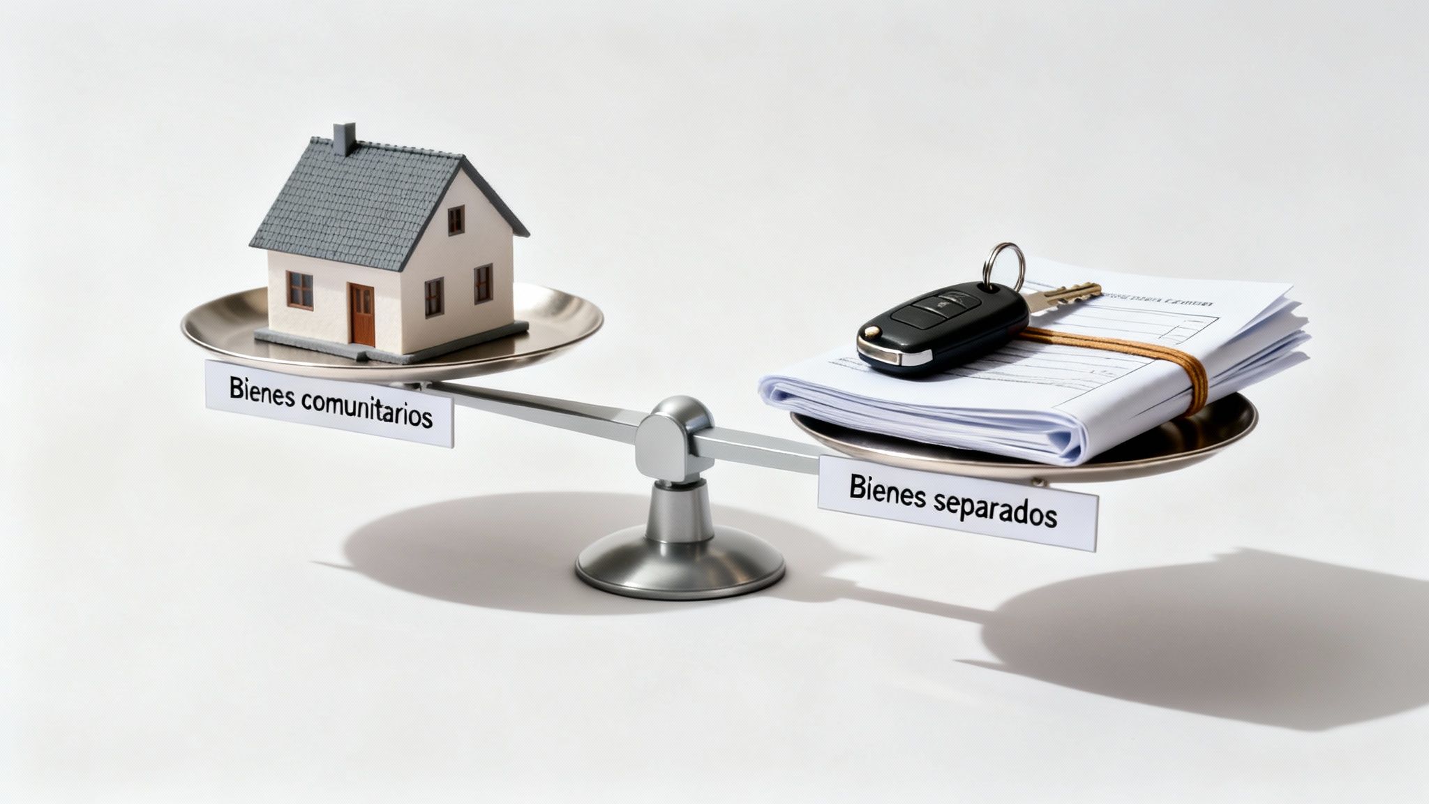 Balanza con una casa para 'Bienes comunitarios' y una llave de coche con documentos para 'Bienes separados'.